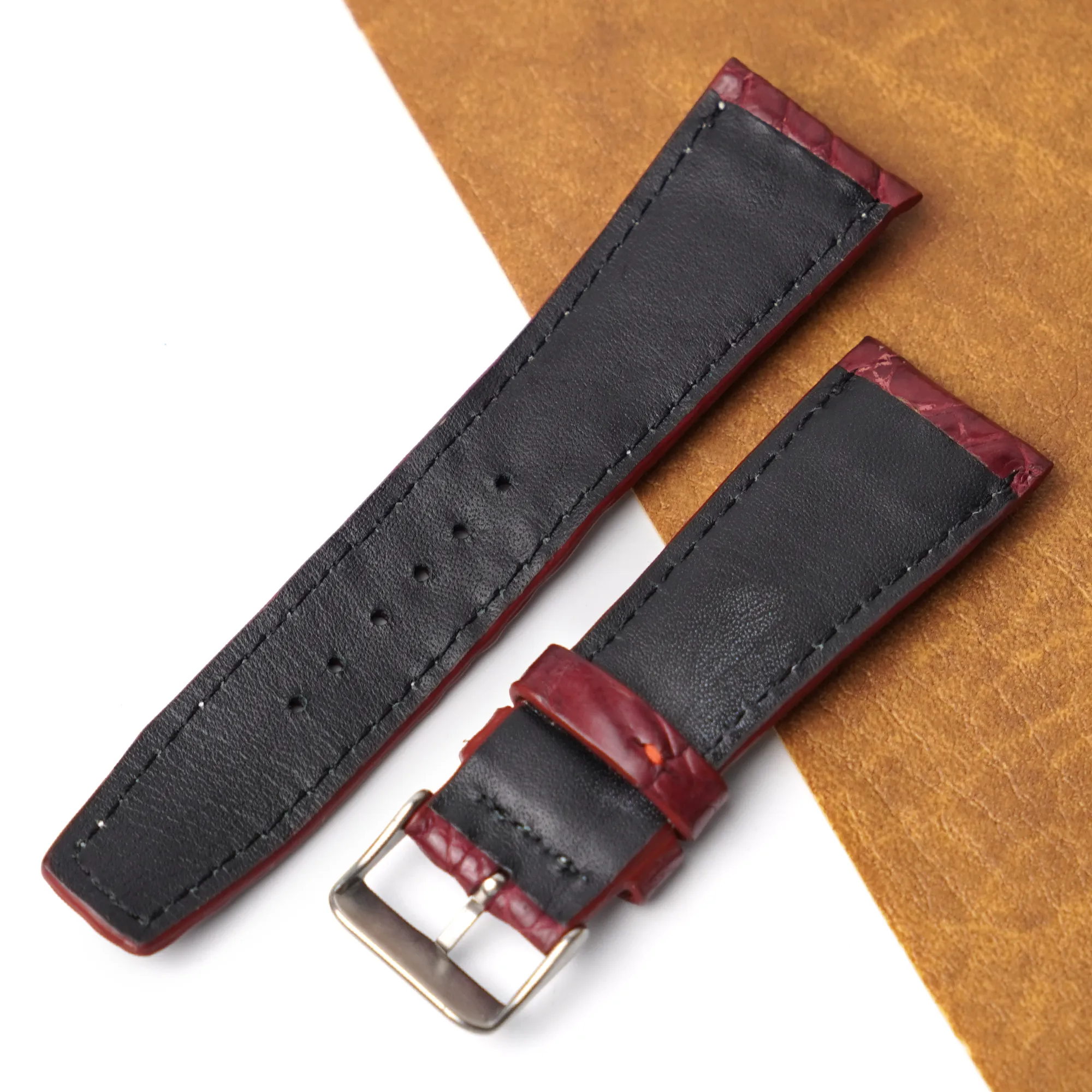 20mm Burgundy Unique Pattern Alligator Leather Watch Strap For Men DH-224- DDB