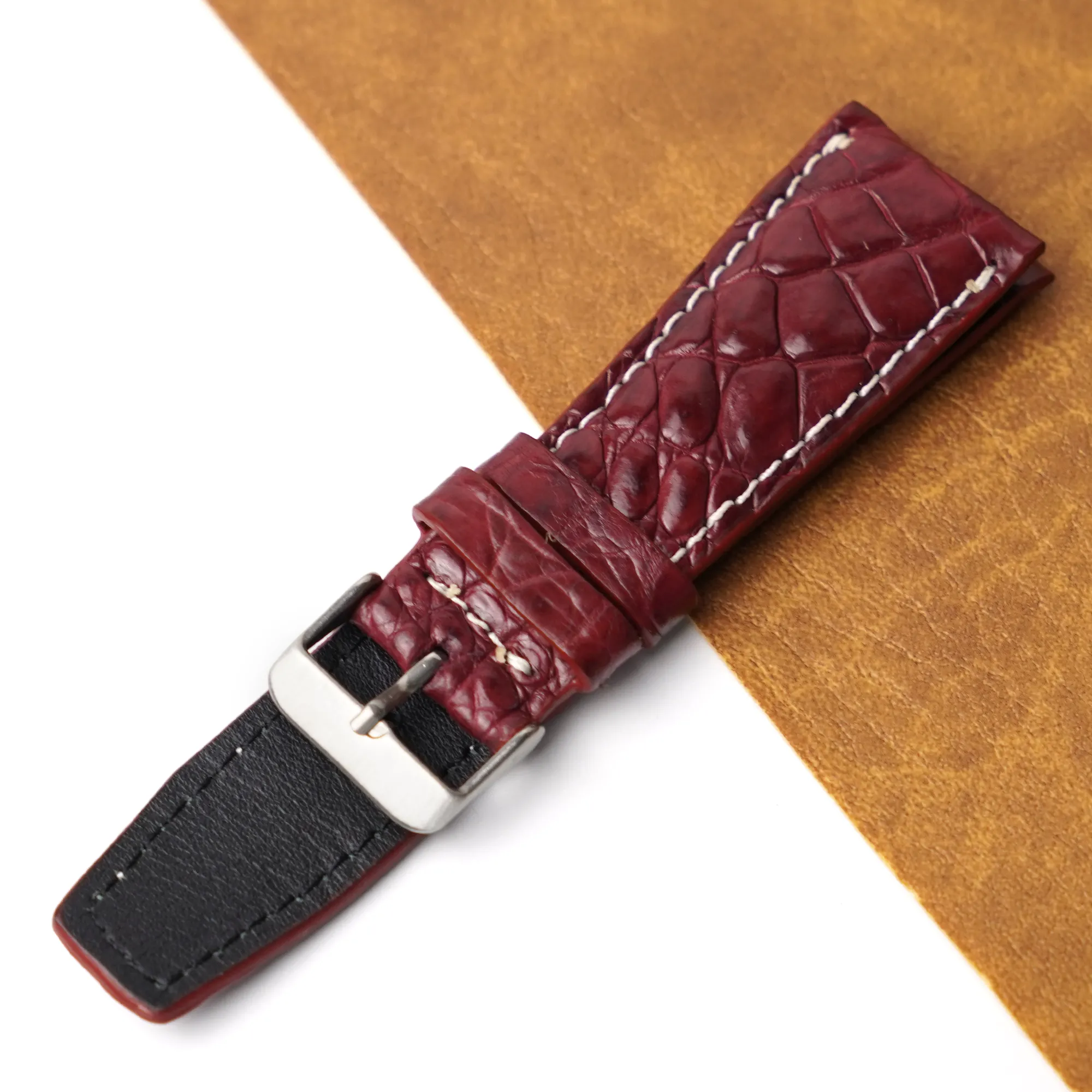 20mm Burgundy Unique Pattern Alligator Leather Watch Strap For Men DH-224- DDB