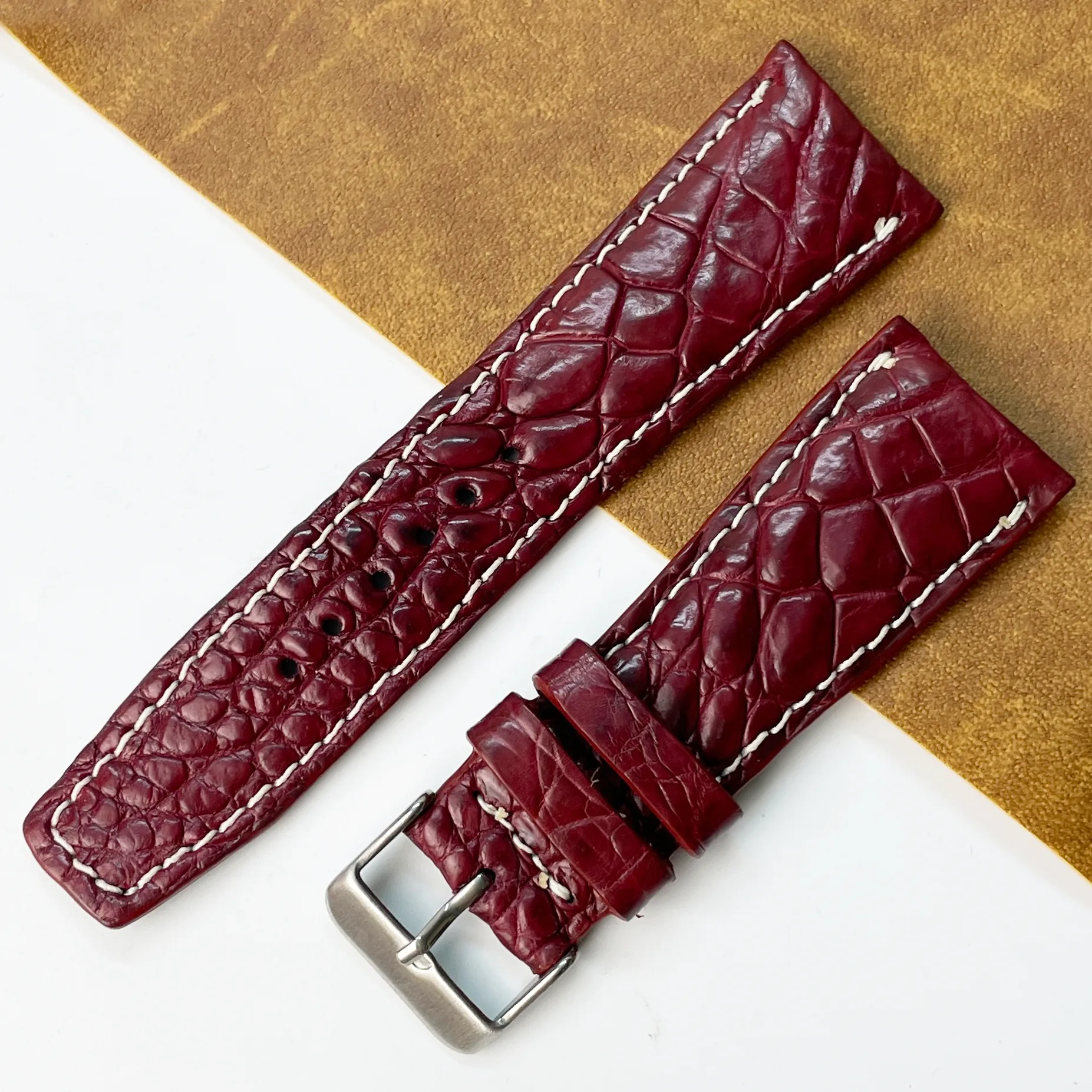 20mm Burgundy Unique Pattern Alligator Leather Watch Strap For Men DH-224- DDB