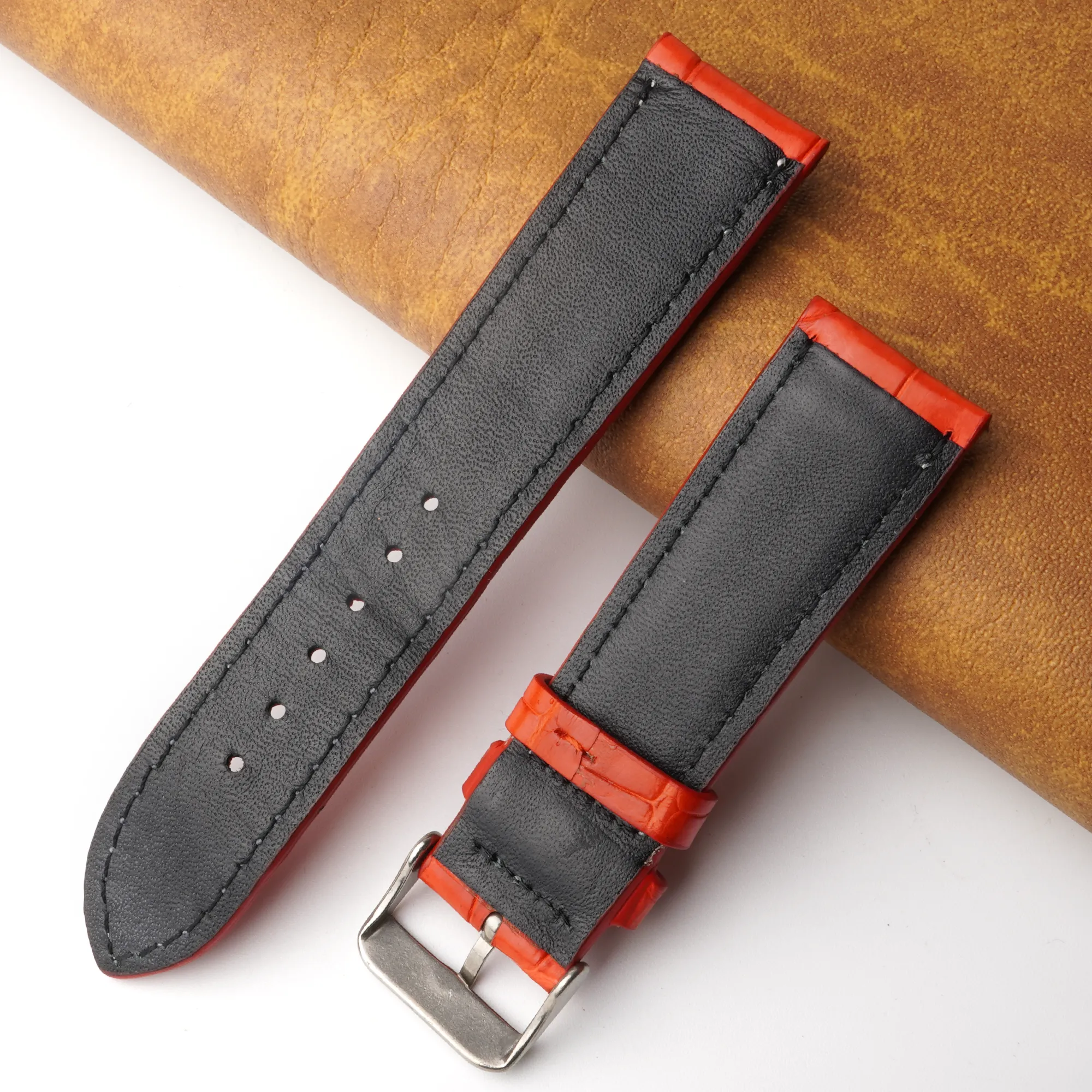 22mm Bright Red Unique Pattern Alligator Leather Watch Band For Men DH-204C