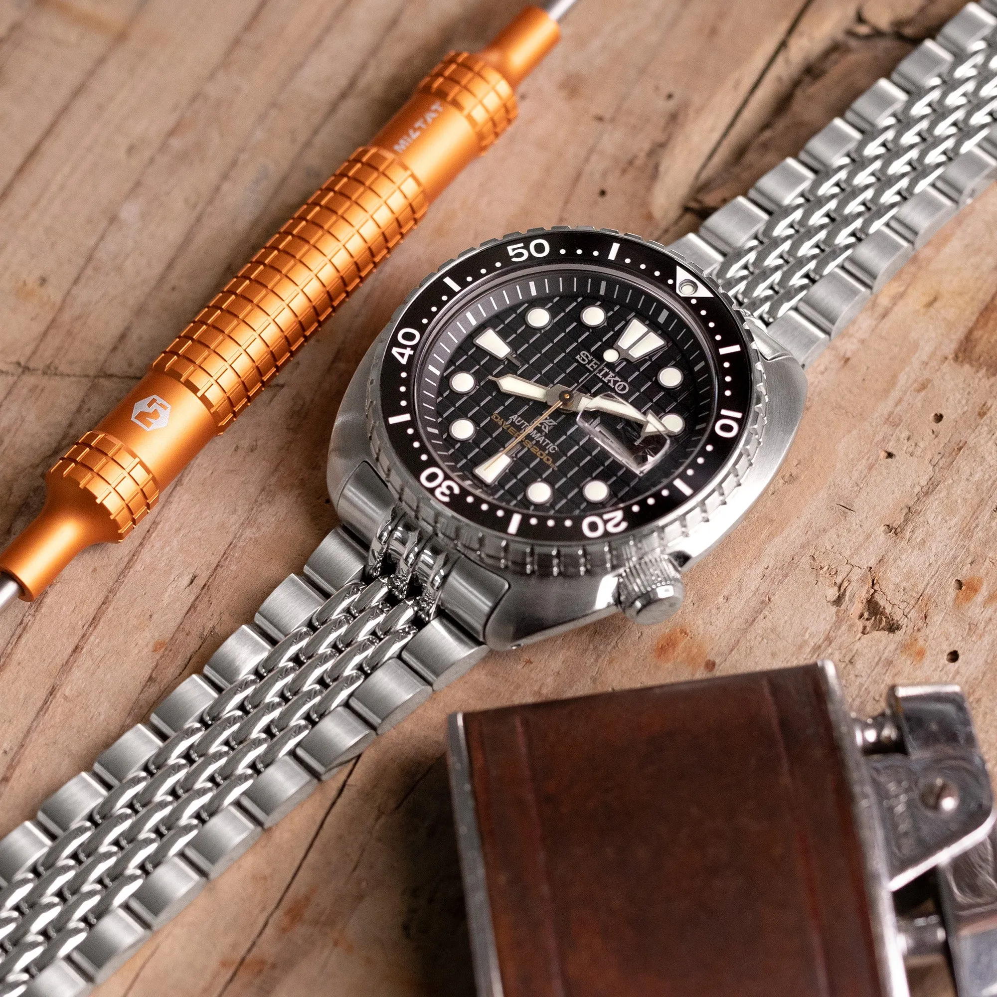 22mm Goma BOR Watch Band for Seiko New Turtles SRP777 SRP775 SRPA21 (PADI), Stainless Steel - Brushed, Polished Center Links, V Diver Clasp