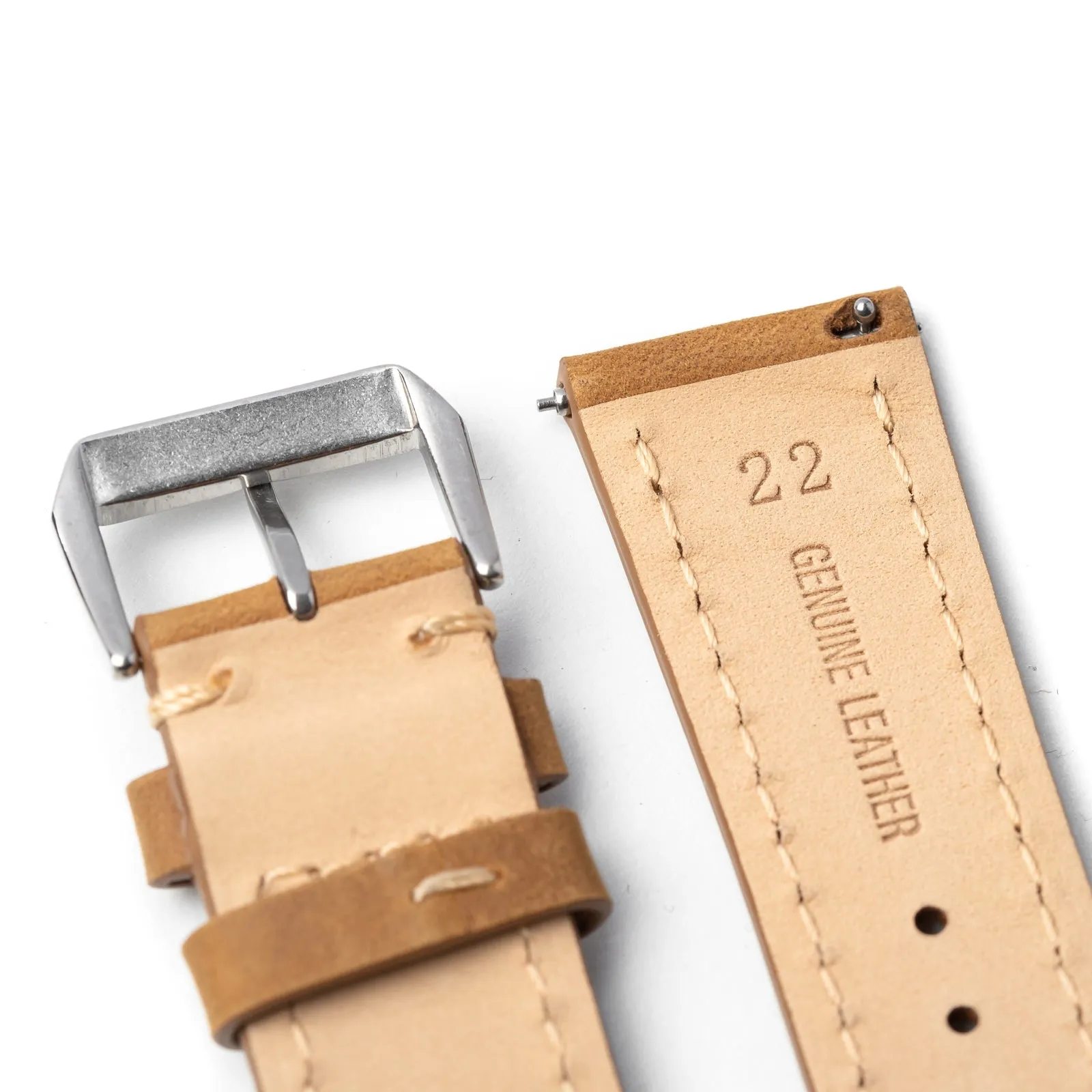 22mm Quick Release Full Stitch Leather Watch Strap - Tan Light Brown