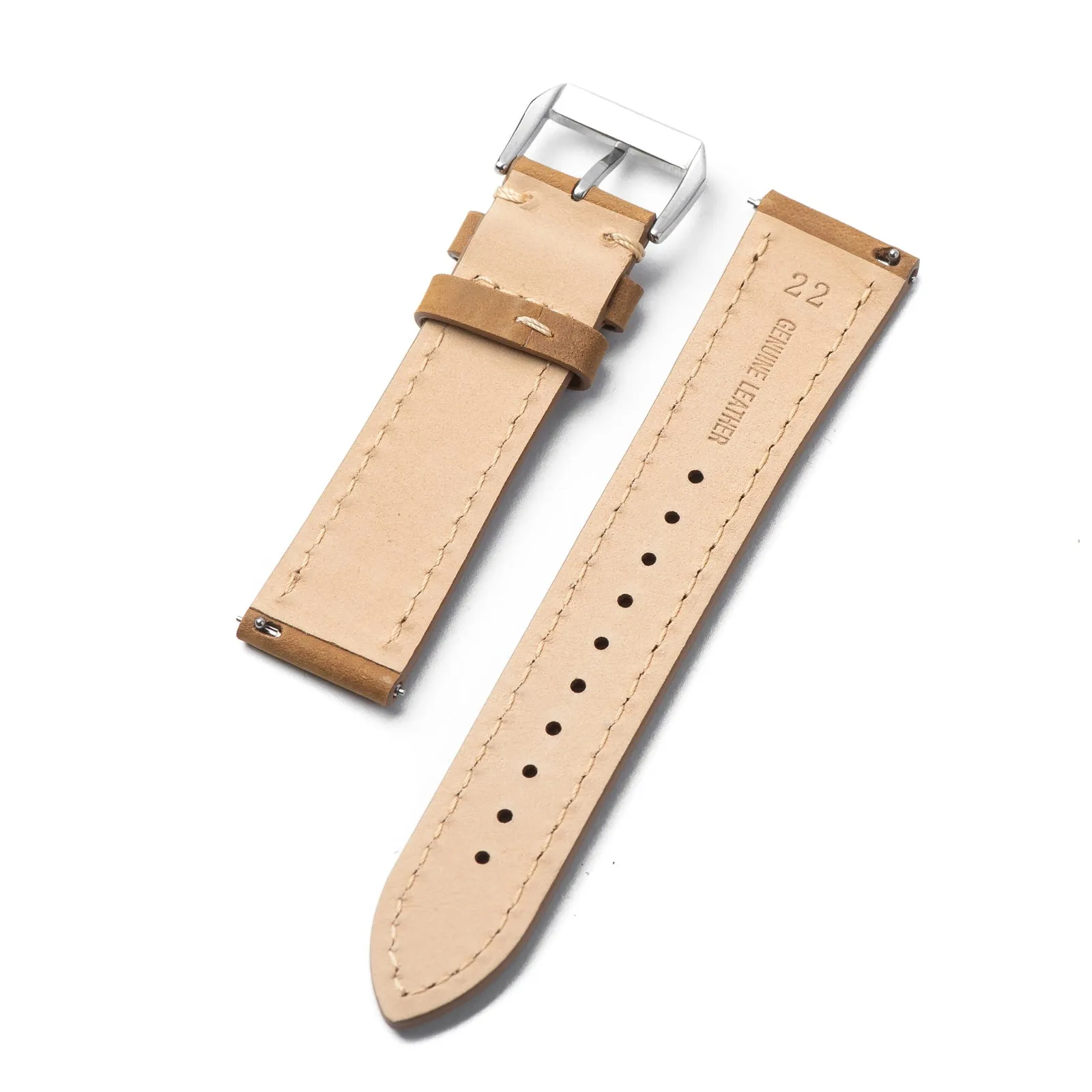 22mm Quick Release Full Stitch Leather Watch Strap - Tan Light Brown