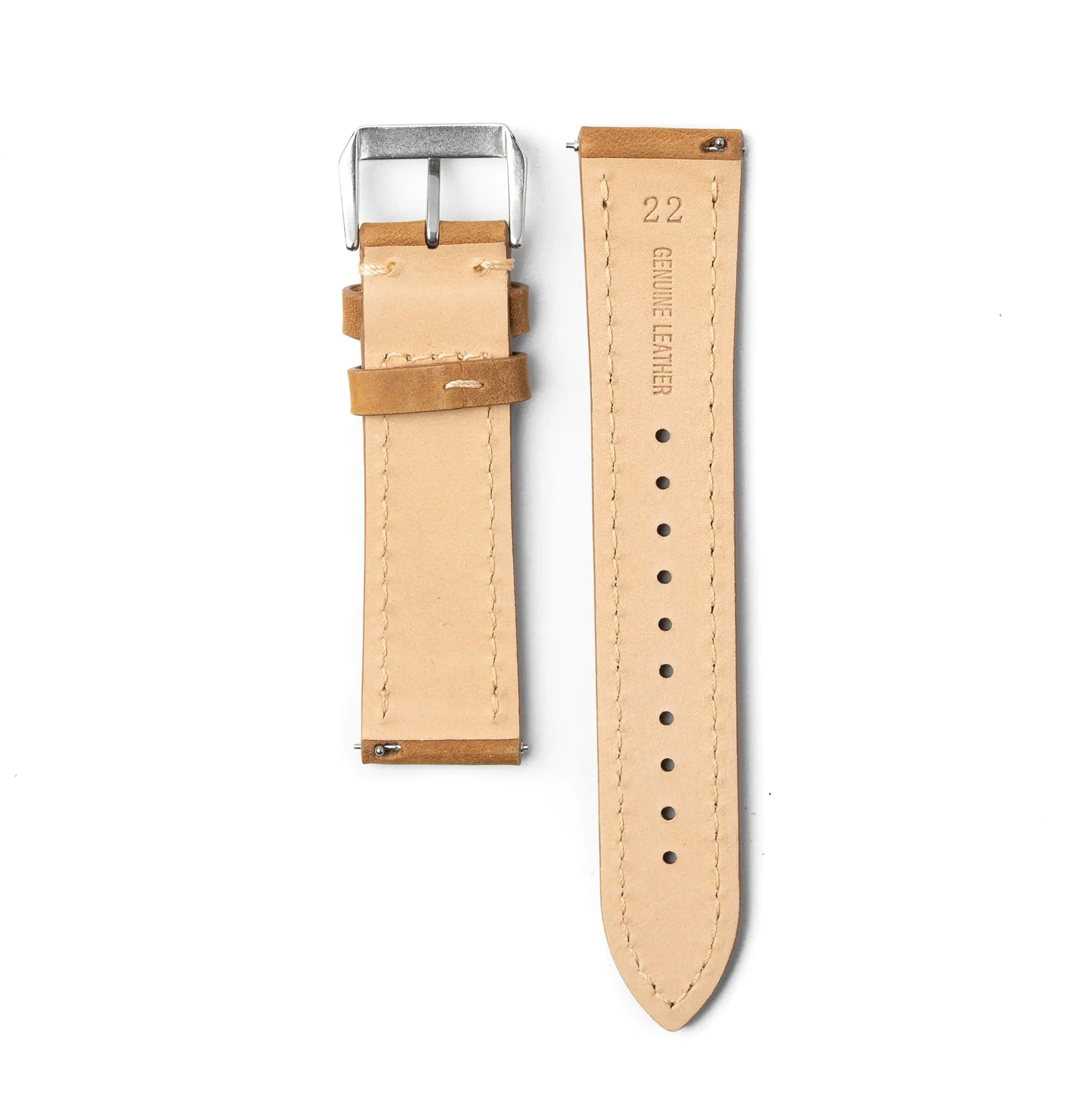 22mm Quick Release Full Stitch Leather Watch Strap - Tan Light Brown