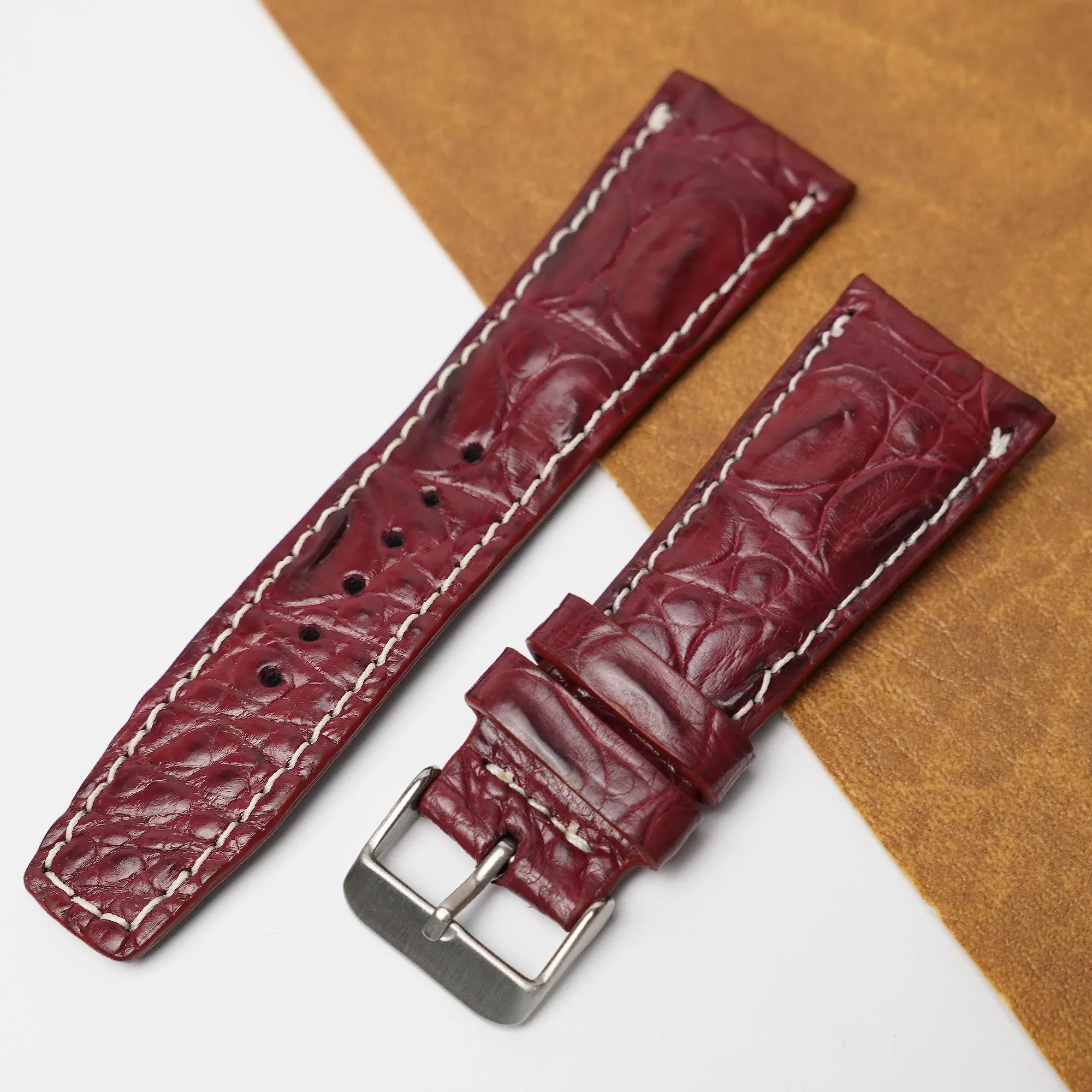 26mm Burgundy Unique Pattern Alligator Leather Watch Strap For Men DH-224-CDB