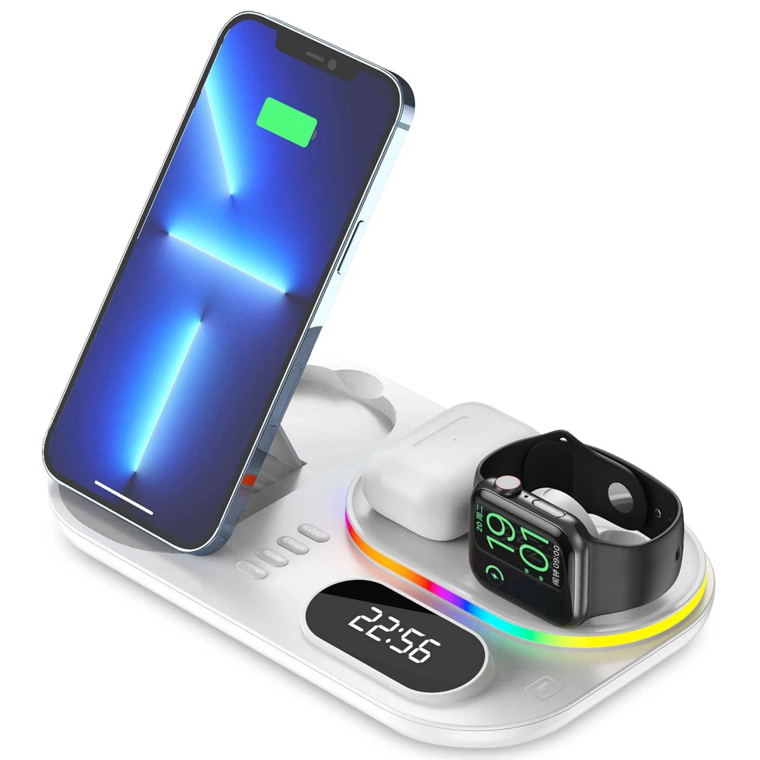 4-in-1 30W Wireless Charger Stand with Clock Nightlight for iWatch Airpod iPhone 13 12 11 Pro Samsung