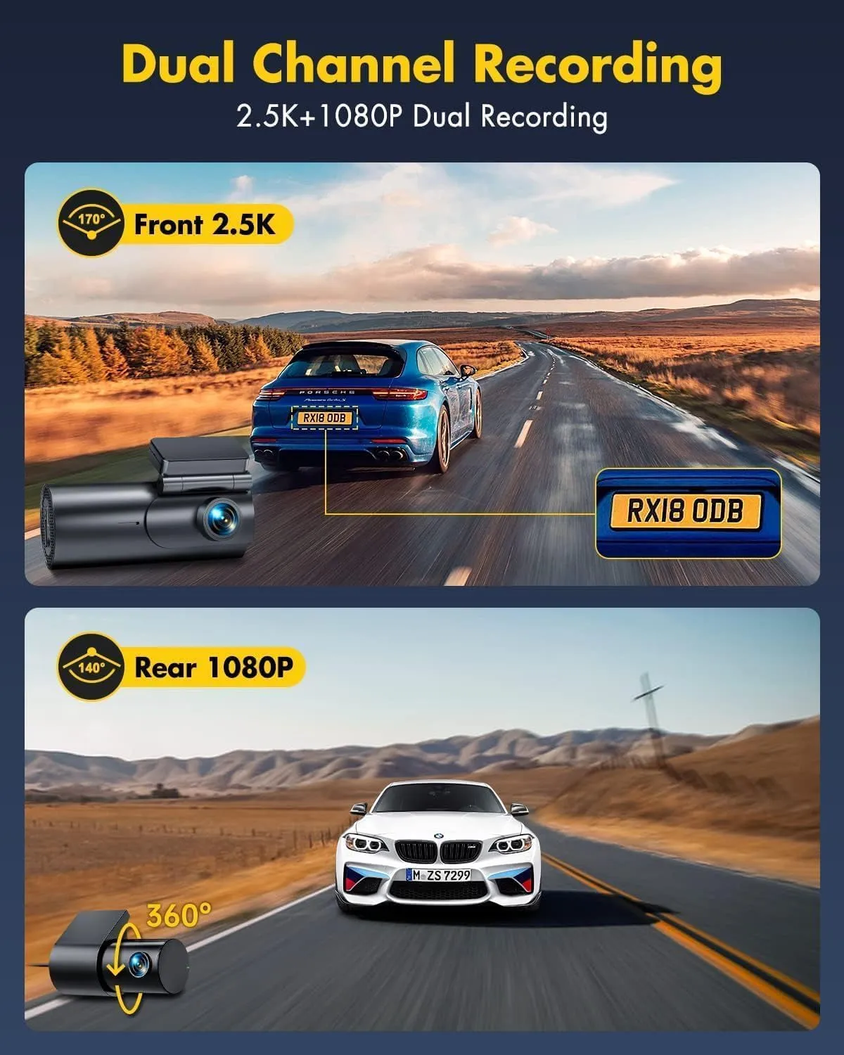 4K Dash Cam Front and Rear WiFi Dashcam with 64GB SD Card, Dual Car Camera Dash Cam with Parking Monitor, Night Vision, WDR, 170° Wide Angle, G-Sensor, Loop Recording, APP Control, Max 256GB