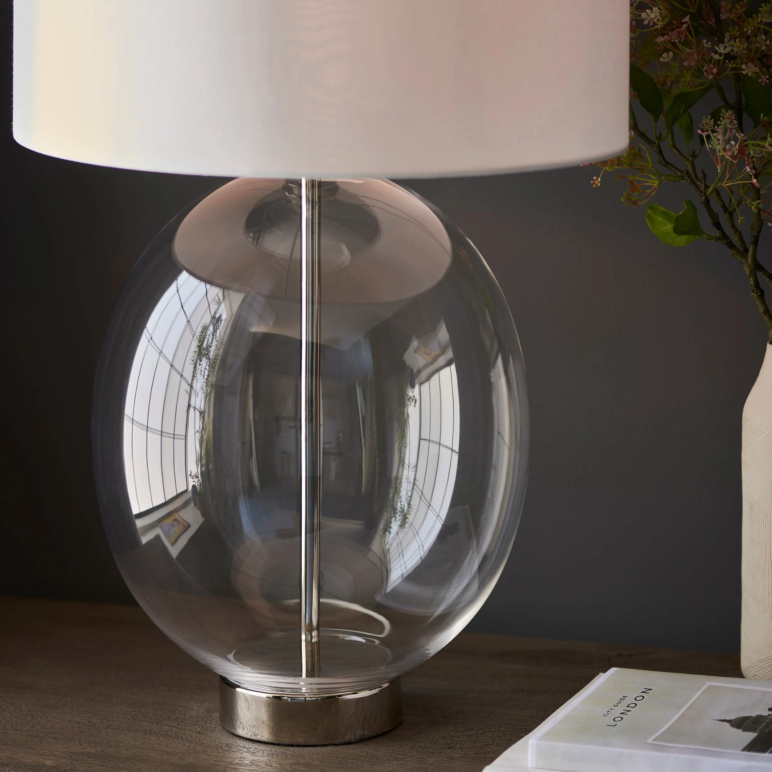 Amos Ovate Table Lamp Clear Glass with White Shade