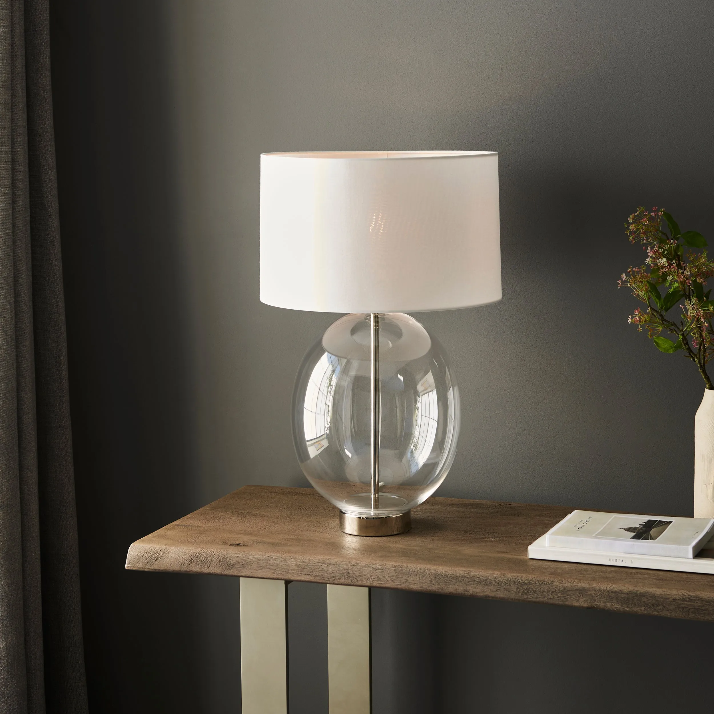 Amos Ovate Table Lamp Clear Glass with White Shade