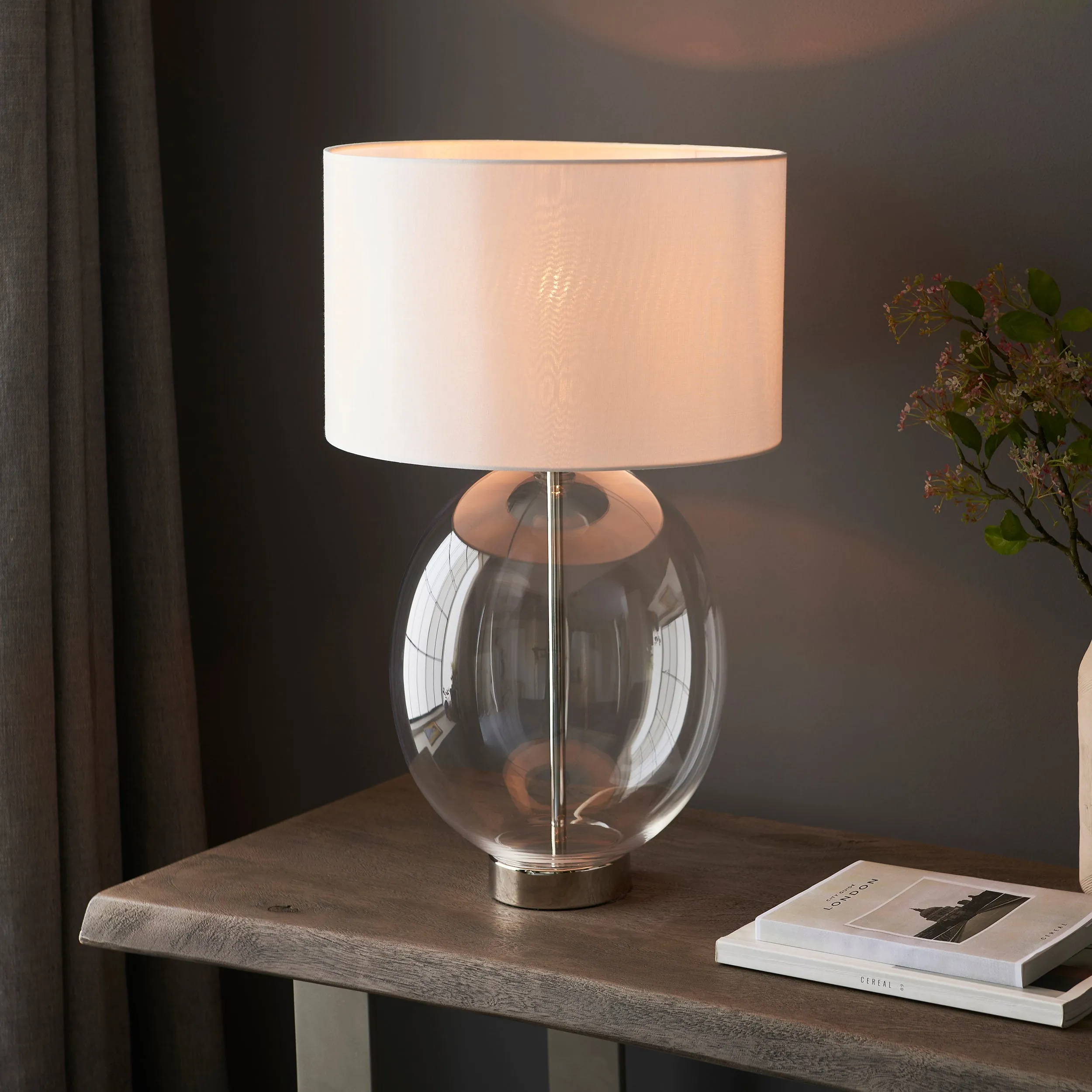 Amos Ovate Table Lamp Clear Glass with White Shade