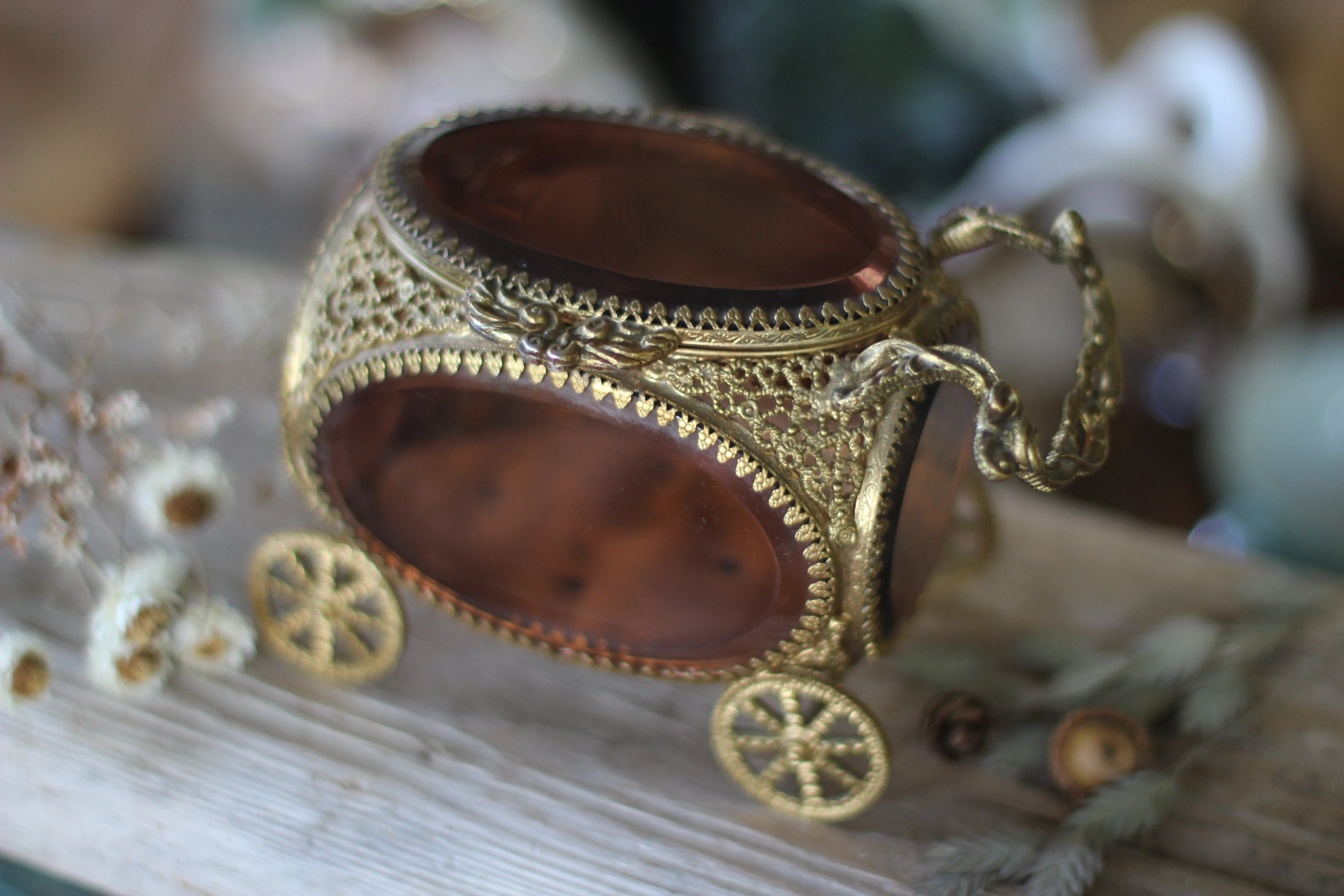 Antique Carriage Amber Glass Tufted Filigree Jewelry Box