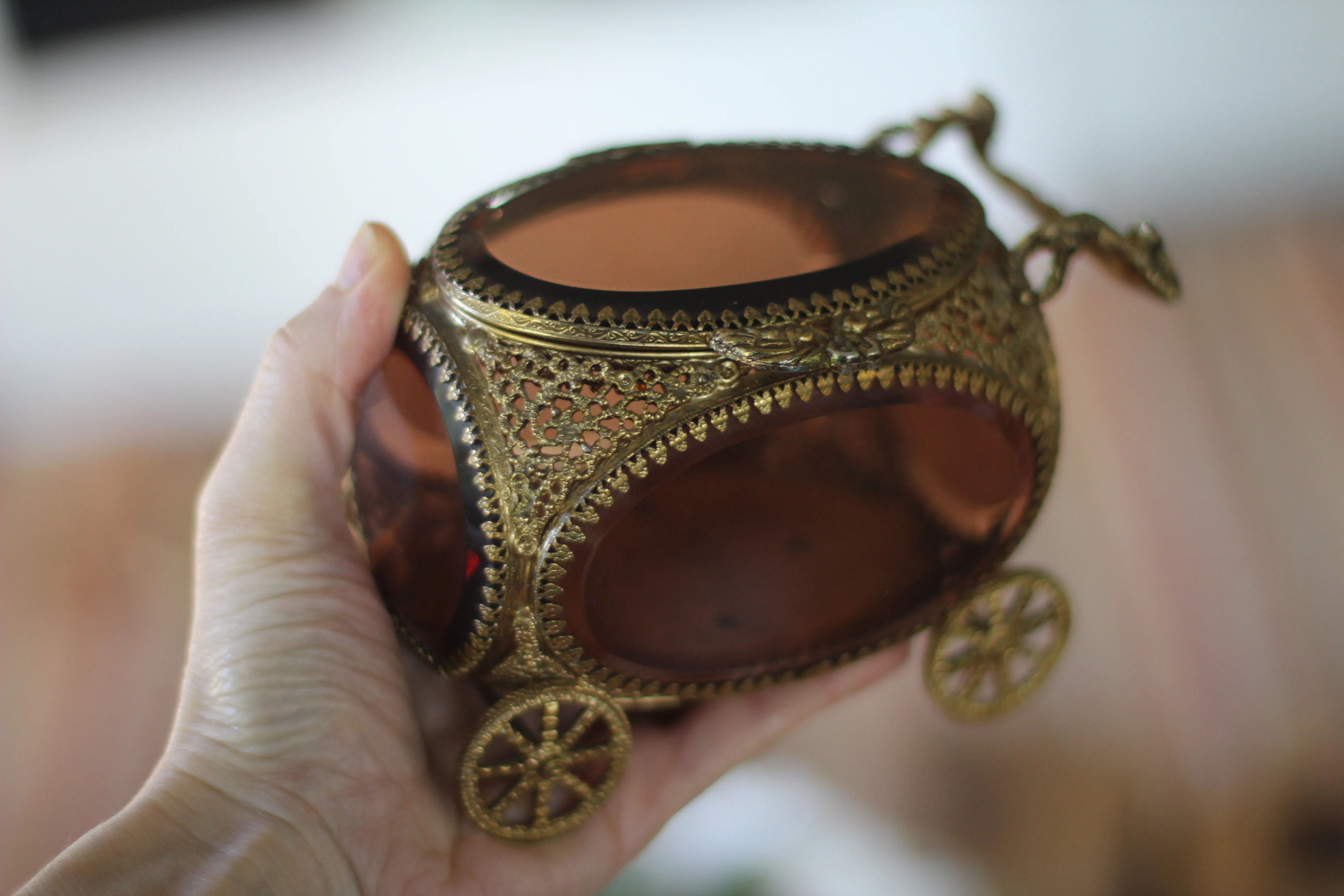 Antique Carriage Amber Glass Tufted Filigree Jewelry Box