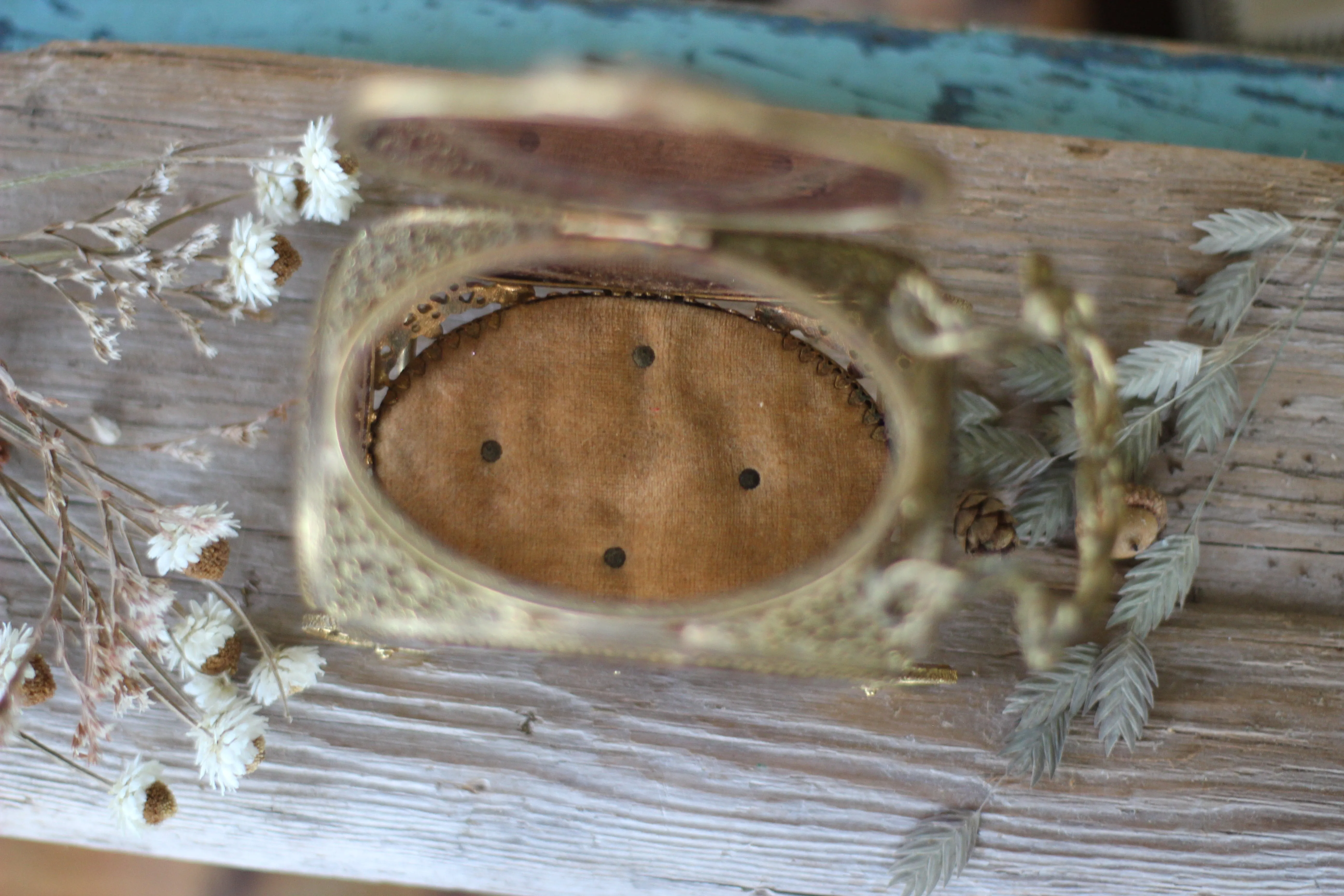 Antique Carriage Amber Glass Tufted Filigree Jewelry Box