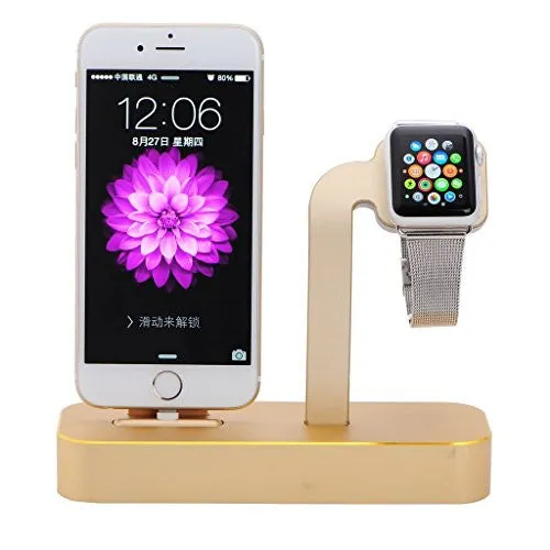 Apple Watch Stand, [UniqueKay] 2-1 Premium Aluminum Charging Dock Station Stand Holder for Apple Watch Series 1 Apple Watch Series 2 & iPhone 7 / 7plus 5/ 5S/ 6/ 6 Plus (Gold)