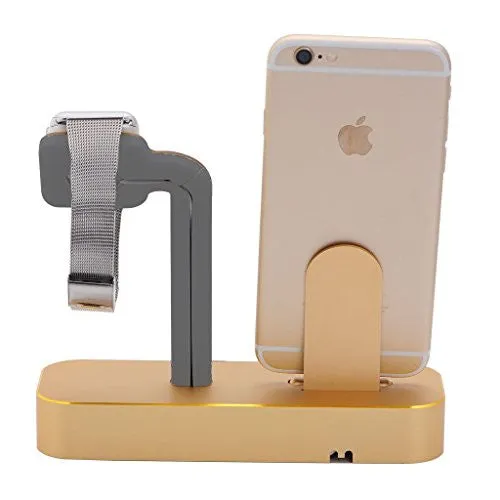 Apple Watch Stand, [UniqueKay] 2-1 Premium Aluminum Charging Dock Station Stand Holder for Apple Watch Series 1 Apple Watch Series 2 & iPhone 7 / 7plus 5/ 5S/ 6/ 6 Plus (Gold)