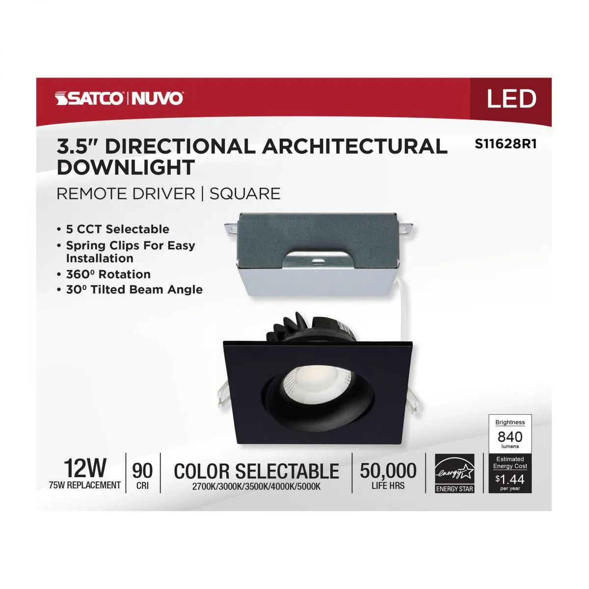 Black 12 Watt LED Direct Wire Downlight; Gimbaled; 3.5 Inch; CCT Selectable