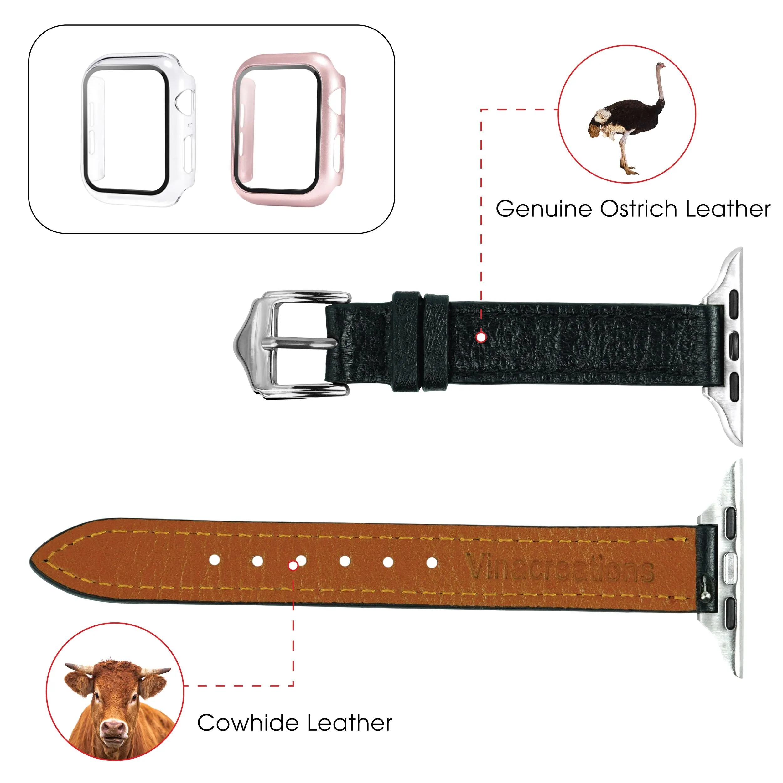 Black Flat Ostrich Leather Band Compatible Apple Watch Iwatch 38mm Screen Protector Case Silver Adapter Replacement Strap For Smartwatch Series 1 2 3 Leather Handmade AW-181S-W-38MM