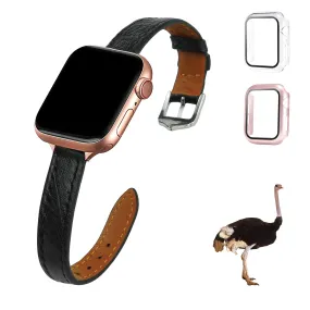 Black Flat Ostrich Leather Band Compatible Apple Watch Iwatch 41mm Screen Protector Case Silver Adapter Replacement Strap For Smartwatch Series 7 8 Leather Handmade AW-181S-W-41MM