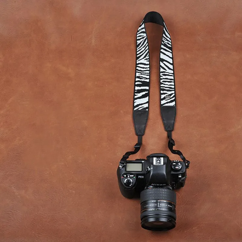 Black White Stripe Cotton Strap Leather DSLR Camera Strap 8263