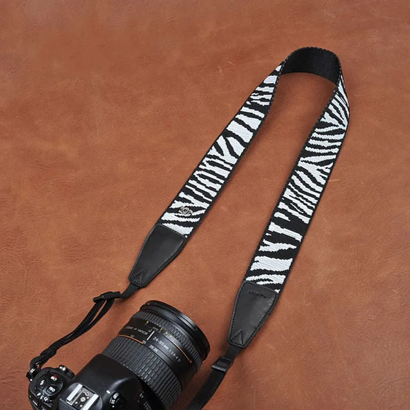 Black White Stripe Cotton Strap Leather DSLR Camera Strap 8263