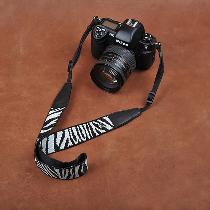 Black White Stripe Cotton Strap Leather DSLR Camera Strap 8263