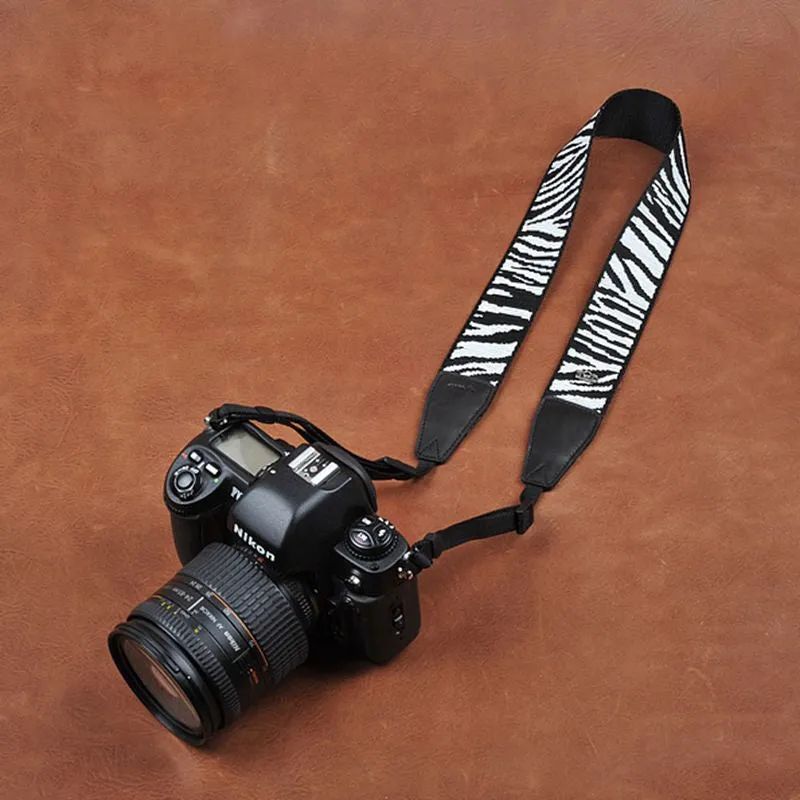 Black White Stripe Cotton Strap Leather DSLR Camera Strap 8263