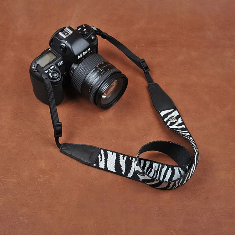 Black White Stripe Cotton Strap Leather DSLR Camera Strap 8263