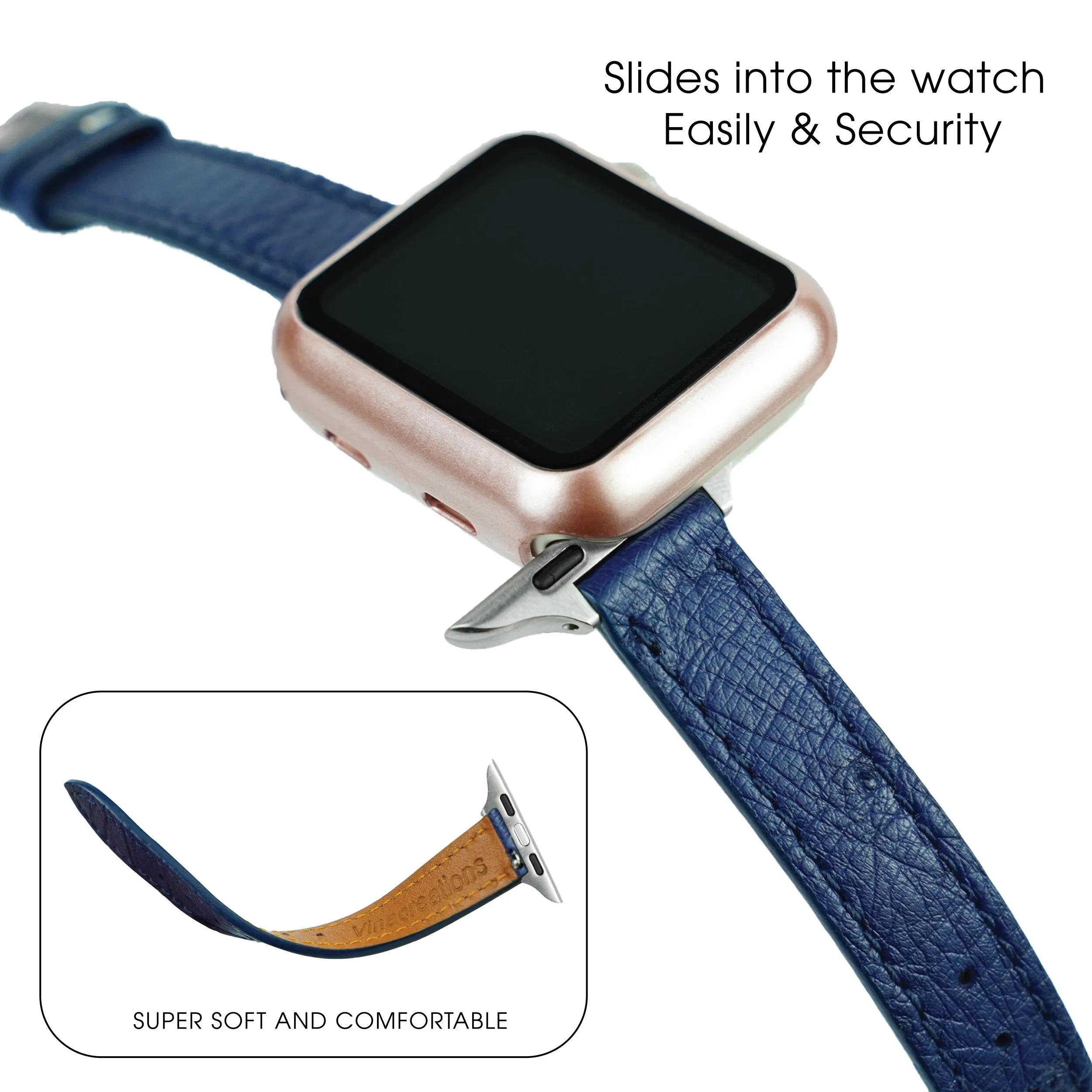 Blue Flat Ostrich Leather Band Compatible Apple Watch Iwatch 38mm Screen Protector Case Black Adapter Replacement Strap For Smartwatch Series 1 2 3 Leather Handmade AW-184S-W-38MM