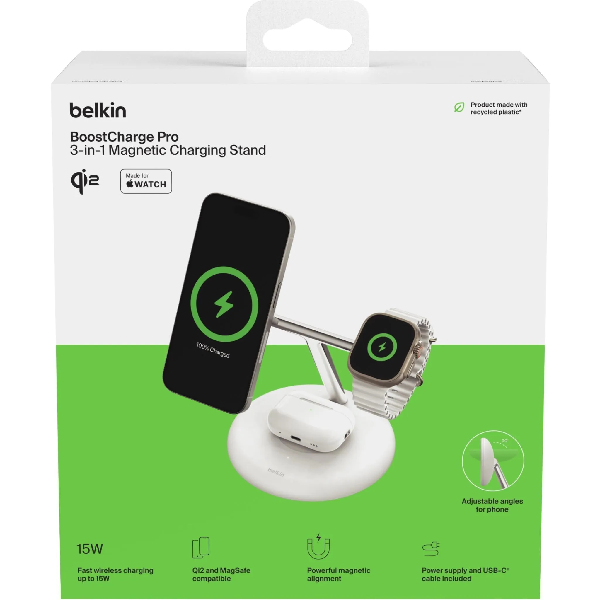 BoostCharge Pro 3-in-1 Magnetic Wireless Charging Stand with Qi2 15W (White)