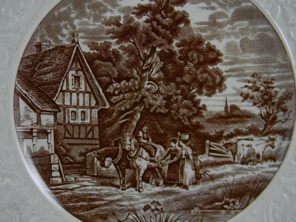 Brown English Transferware Charger Platter Pastoral Cattle Horses Milkmaid Relief Border