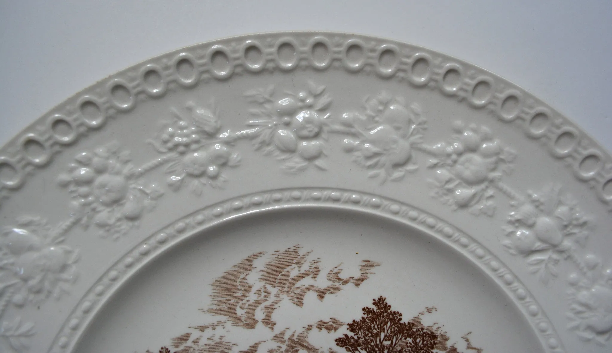 Brown English Transferware Charger Round Wedgwood Platter Greeley House Cottage Scenery Embossed Fruit & Flowers Border