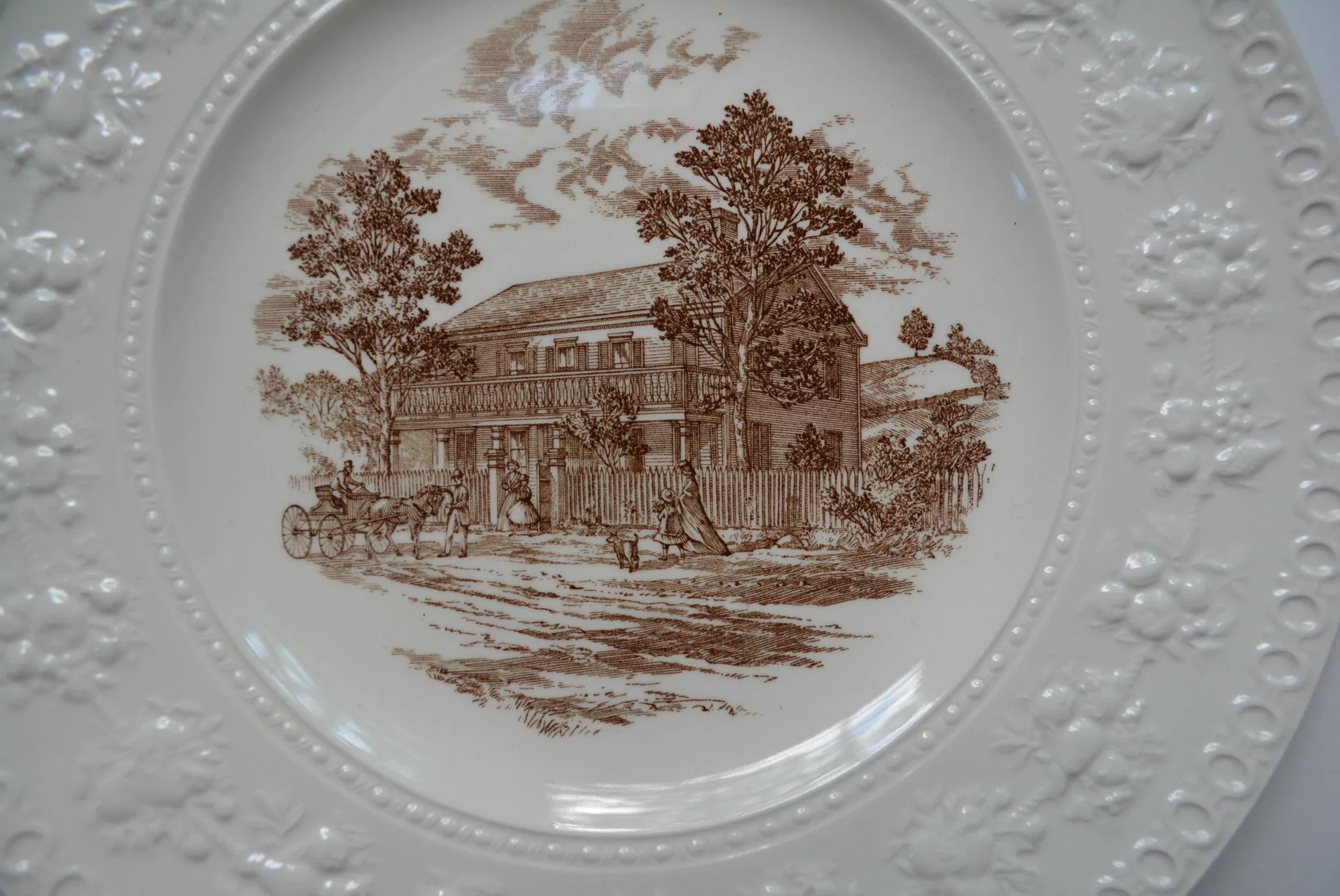 Brown English Transferware Charger Round Wedgwood Platter Greeley House Cottage Scenery Embossed Fruit & Flowers Border