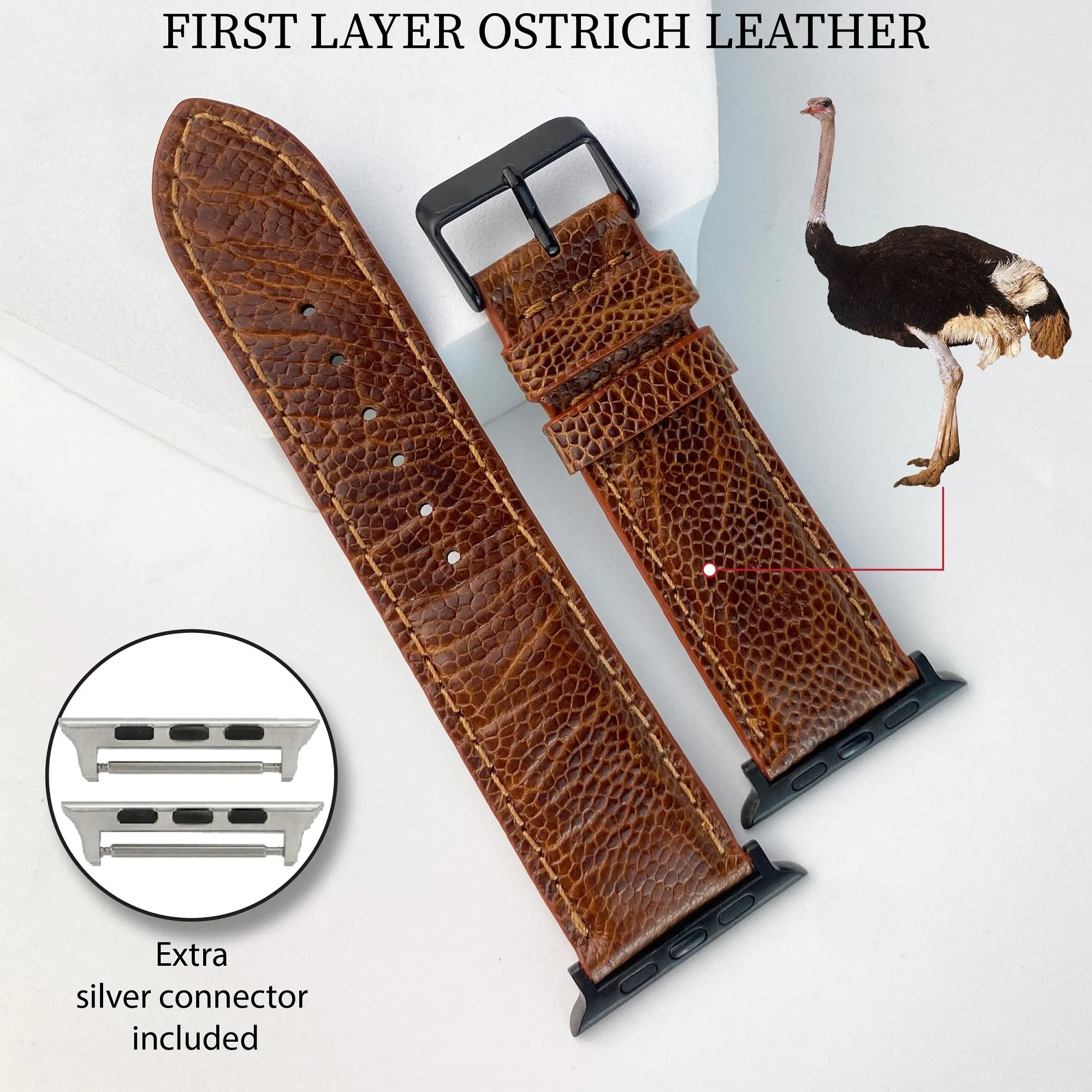 Brown Ostrich Leather Strap for Apple Watch Ultra Series 8 7 6 5 4 3 SE | AW-71