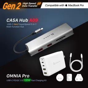 CASA Hub A09 USB-C Gen2 SuperSpeed 9-in-1 Multi-Function Hub   OMNIA Pro GaN 100W Super Charging Kit (Travel Plugs Included)