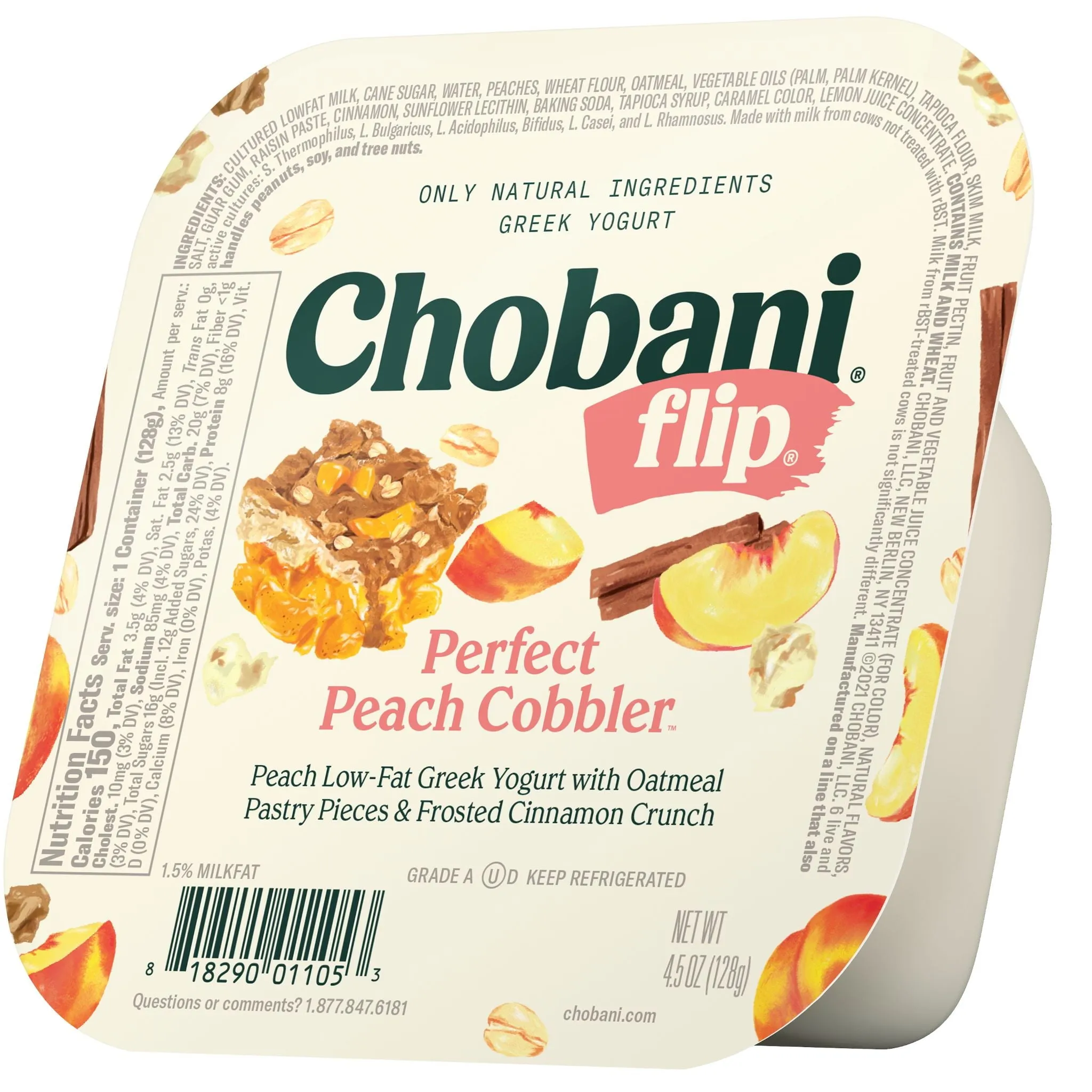 Chobani Flip Low-Fat Greek Yogurt, Perfect Peach Cobbler 4.5 oz Plastic Cup