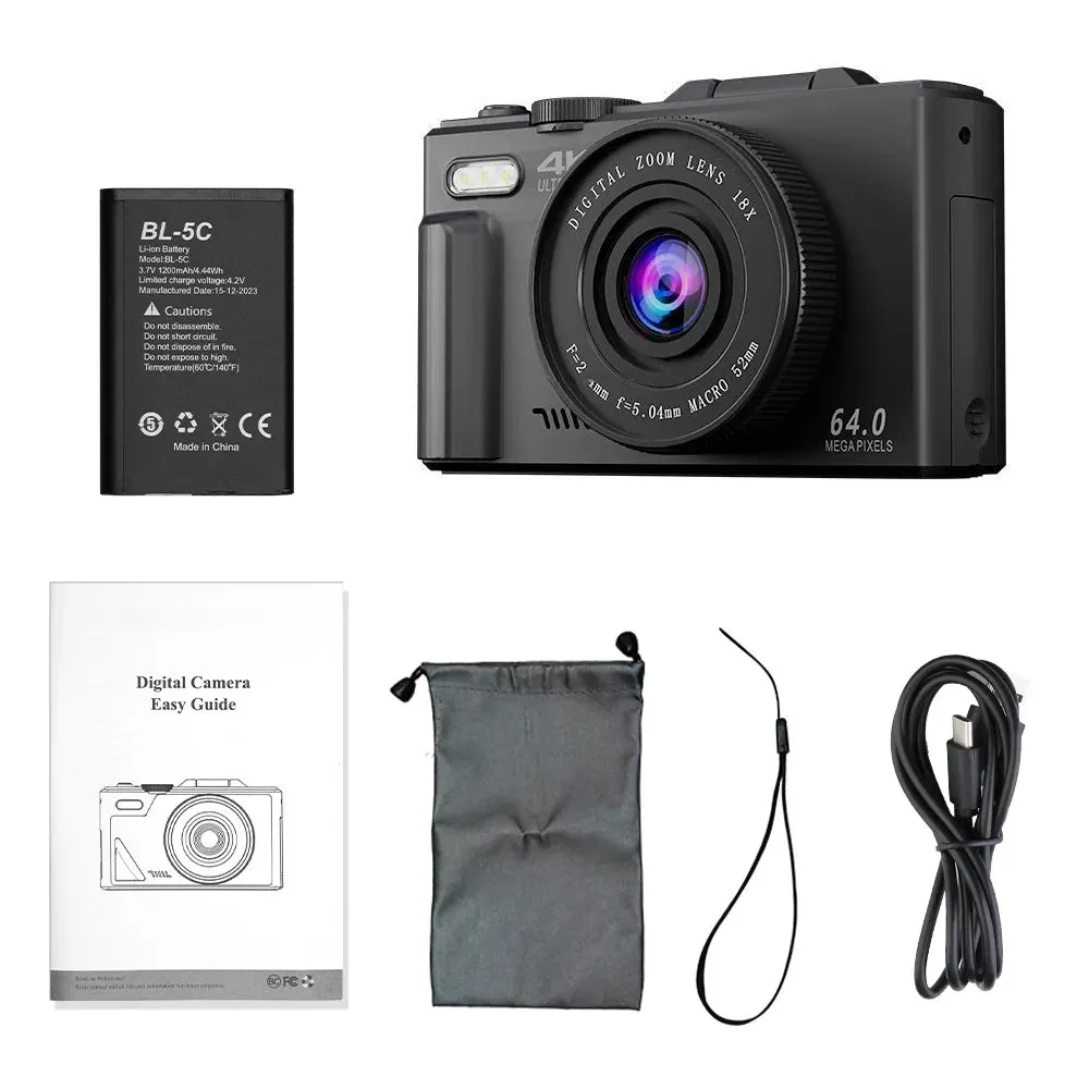 Compact Digital Camera with 64MP 180° Flip Screen Design