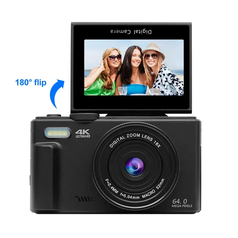 Compact Digital Camera with 64MP 180° Flip Screen Design