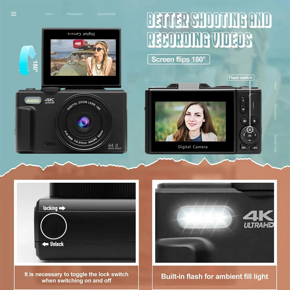 Compact Digital Camera with 64MP 180° Flip Screen Design