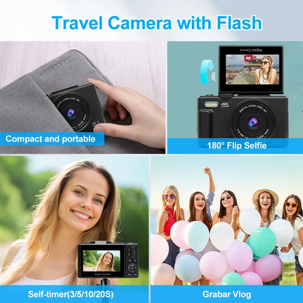 Compact Digital Camera with 64MP 180° Flip Screen Design