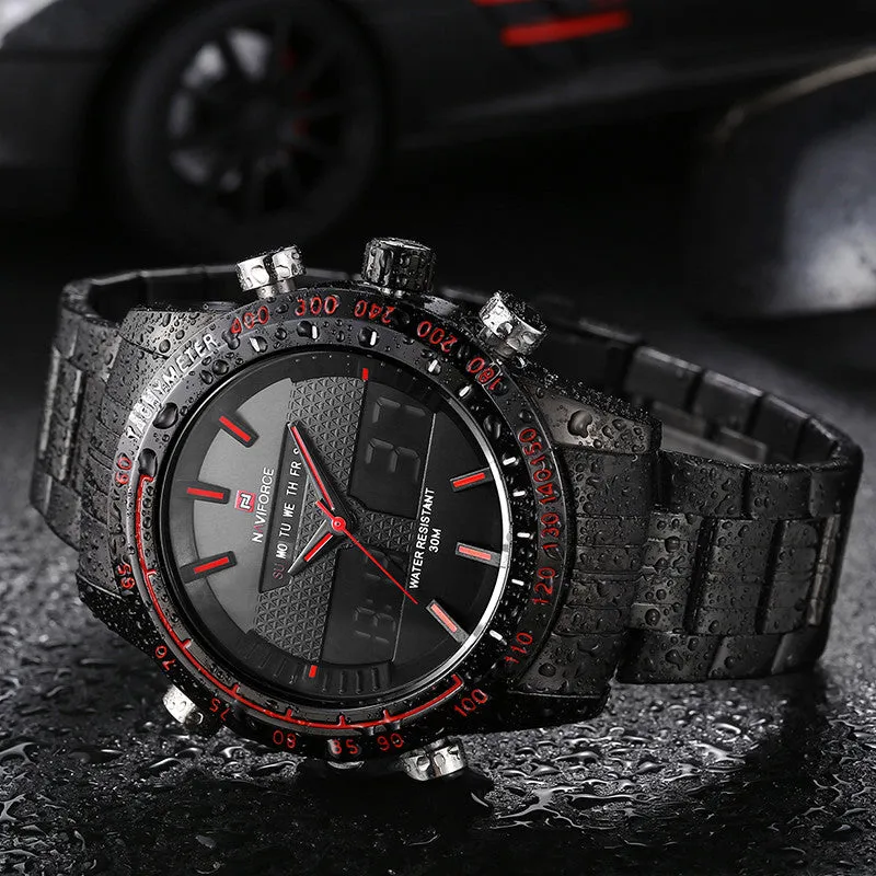 Cool Men Watches NAVIFORCE 9024 Luxury Brand Full Steel Quartz Clock Digital LED Watch Army Military Sport Watch