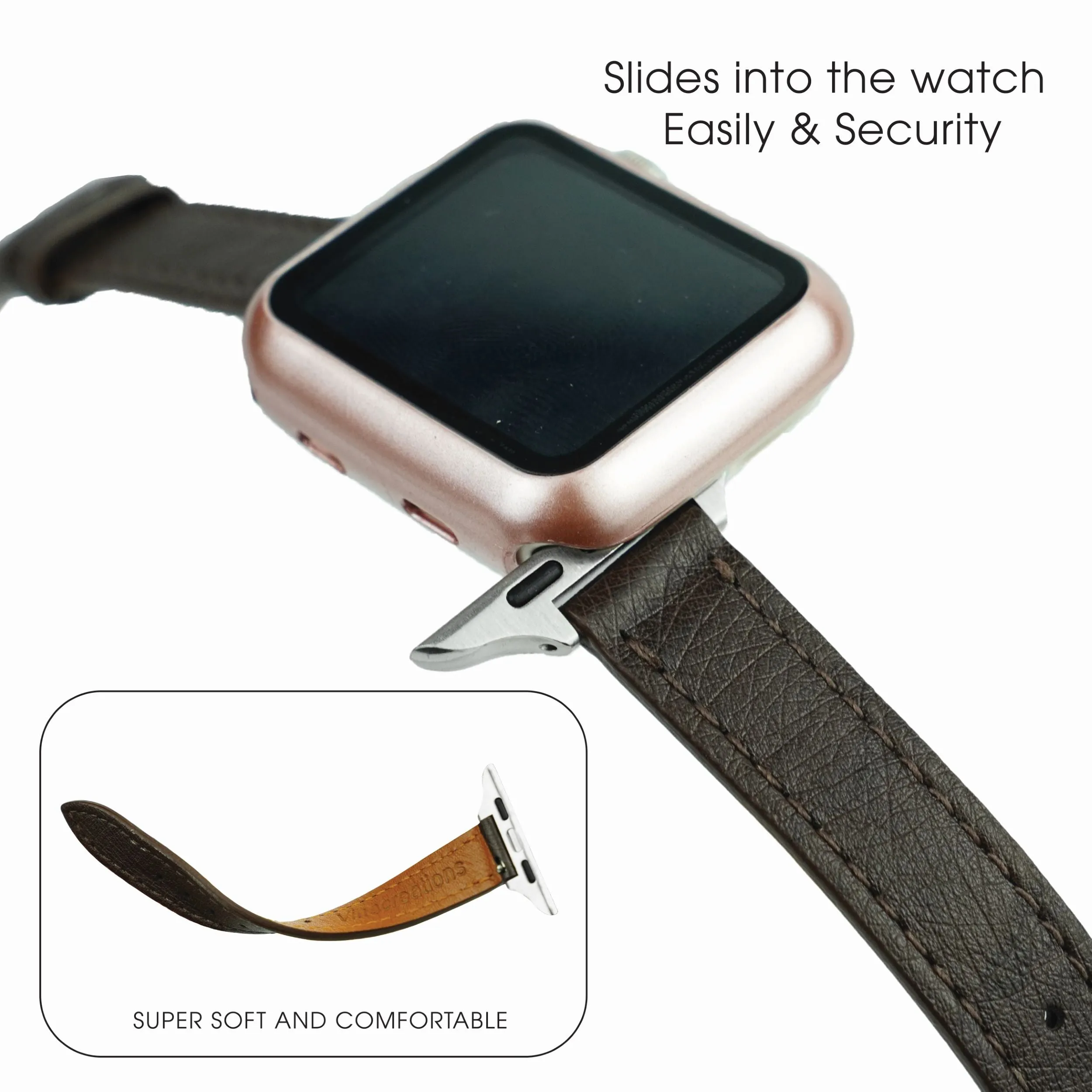 Dark Brown Flat Ostrich Leather Band Compatible Apple Watch Iwatch 49mm Screen Protector Case Silver Adapter Replacement Strap For Smartwatch Series 7 8  Leather Handmade AW-183S-W-49MM