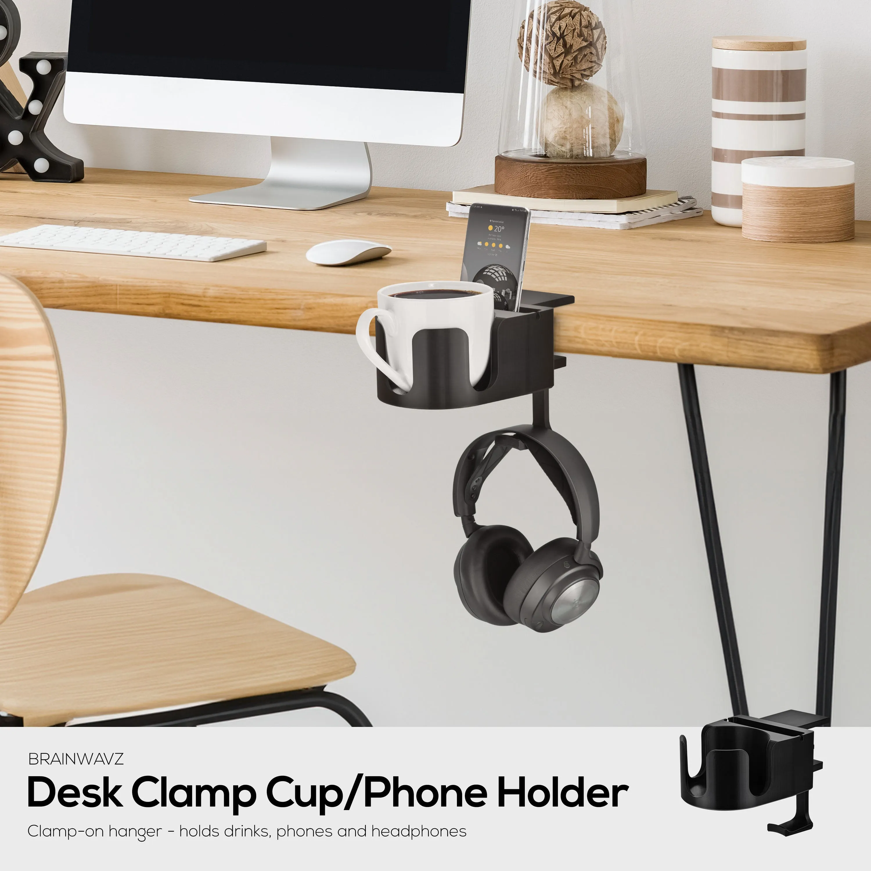 Desk Cup Holder with Headphone Hanger & Phone, Pen & Stationery Holder - Adjustable Clamp, Installs to Desks and Tables, Holds Mugs & Cups up to 10cm in Diameter