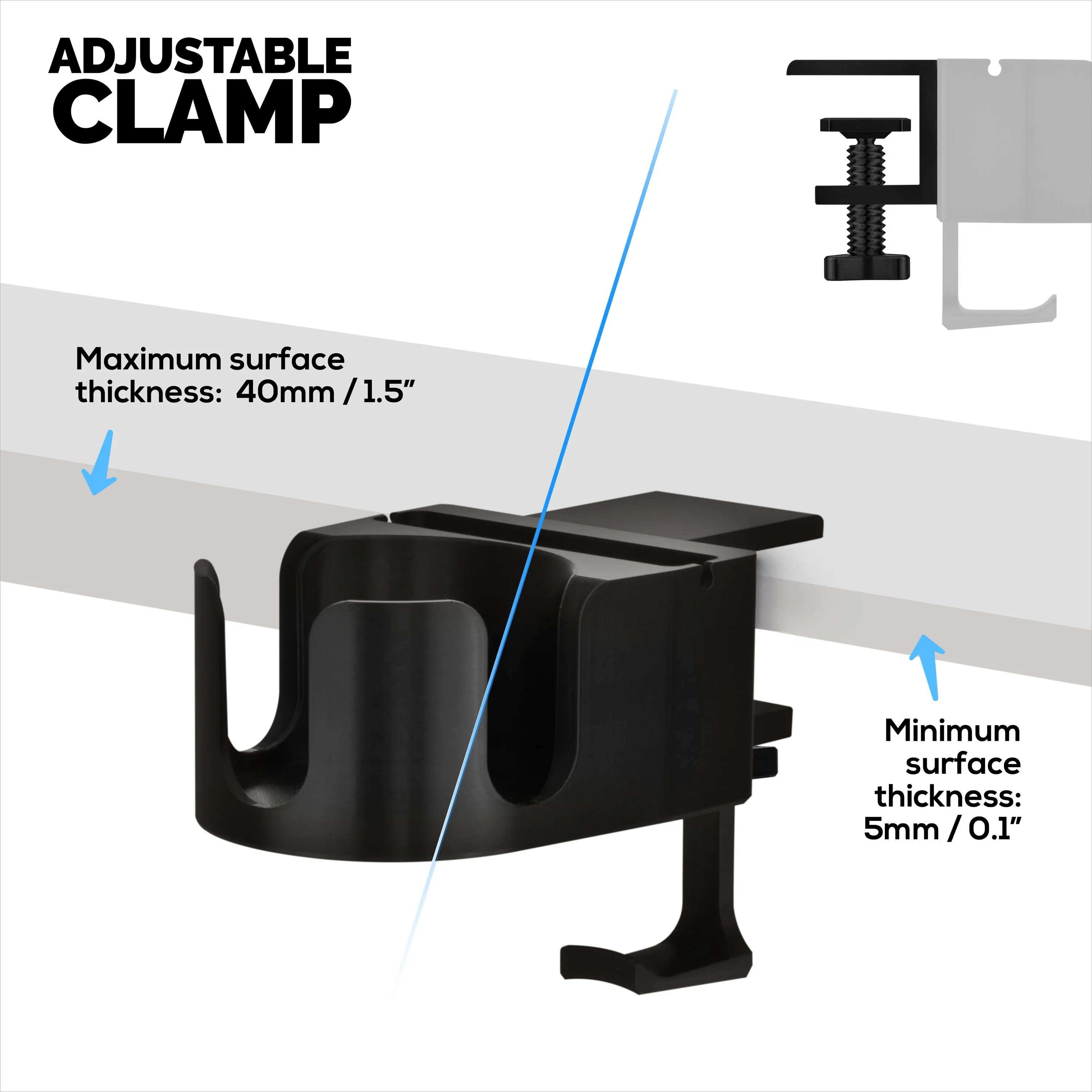 Desk Cup Holder with Headphone Hanger & Phone, Pen & Stationery Holder - Adjustable Clamp, Installs to Desks and Tables, Holds Mugs & Cups up to 10cm in Diameter