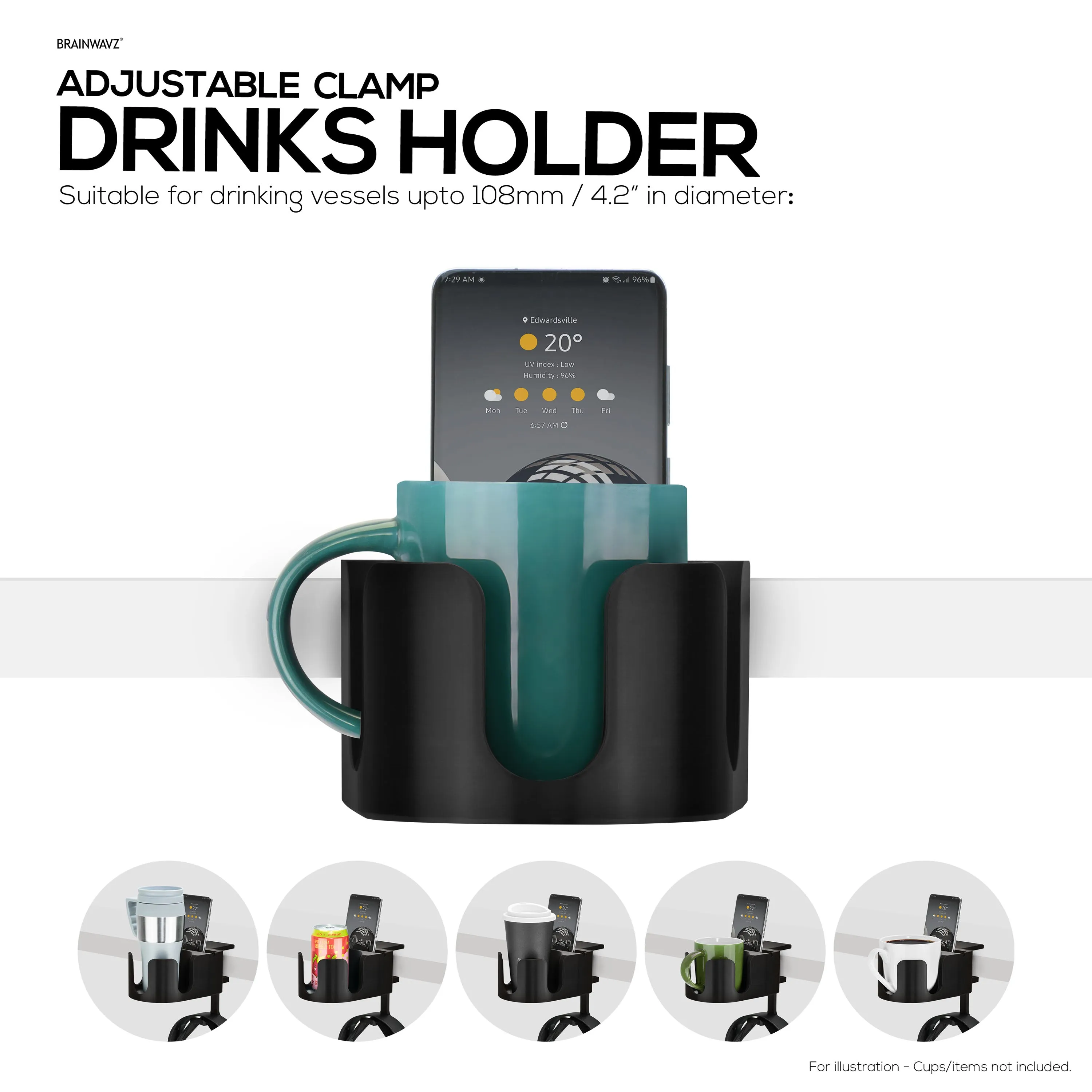 Desk Cup Holder with Headphone Hanger & Phone, Pen & Stationery Holder - Adjustable Clamp, Installs to Desks and Tables, Holds Mugs & Cups up to 10cm in Diameter