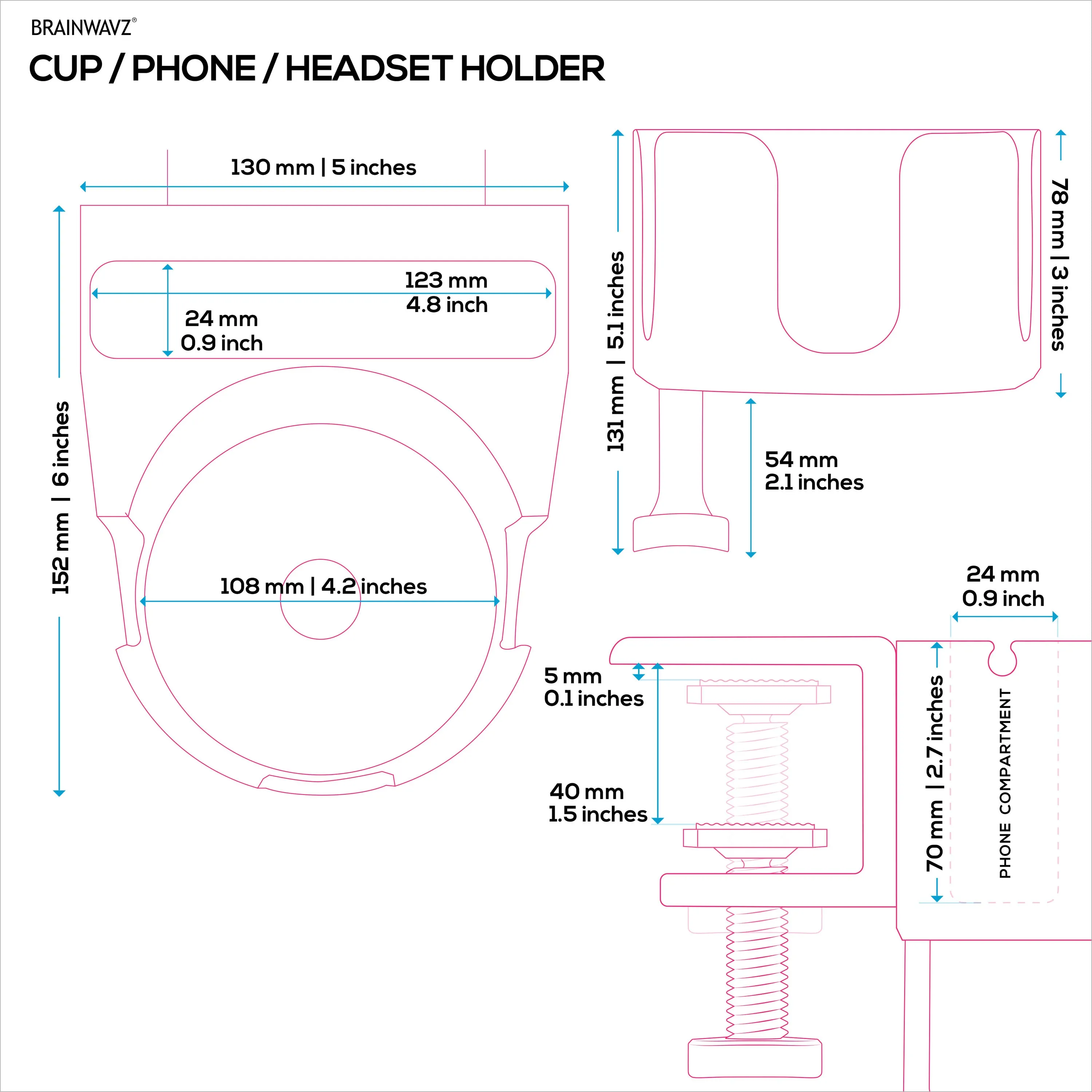 Desk Cup Holder with Headphone Hanger & Phone, Pen & Stationery Holder - Adjustable Clamp, Installs to Desks and Tables, Holds Mugs & Cups up to 10cm in Diameter