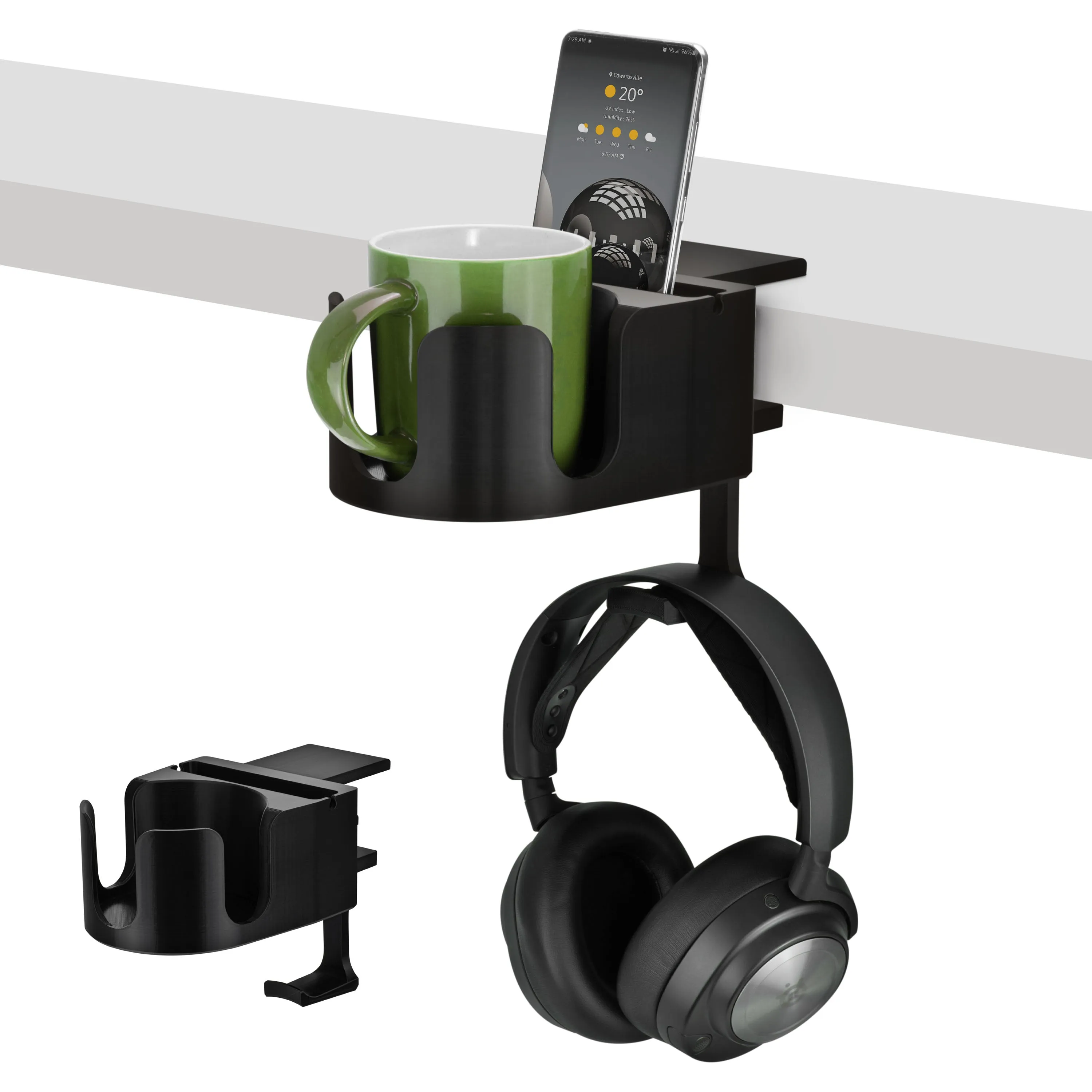 Desk Cup Holder with Headphone Hanger & Phone, Pen & Stationery Holder - Adjustable Clamp, Installs to Desks and Tables, Holds Mugs & Cups up to 10cm in Diameter