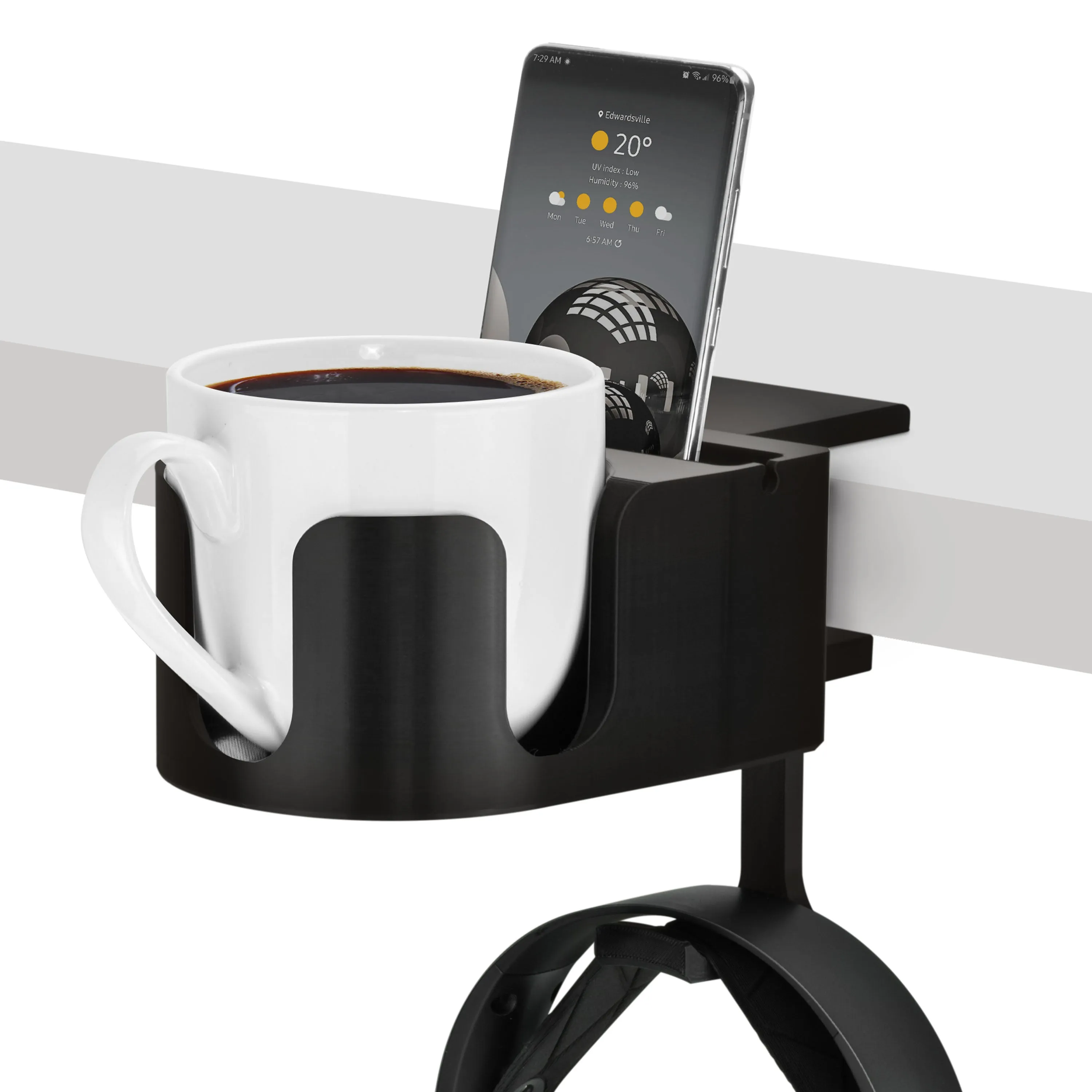 Desk Cup Holder with Headphone Hanger & Phone, Pen & Stationery Holder - Adjustable Clamp, Installs to Desks and Tables, Holds Mugs & Cups up to 10cm in Diameter