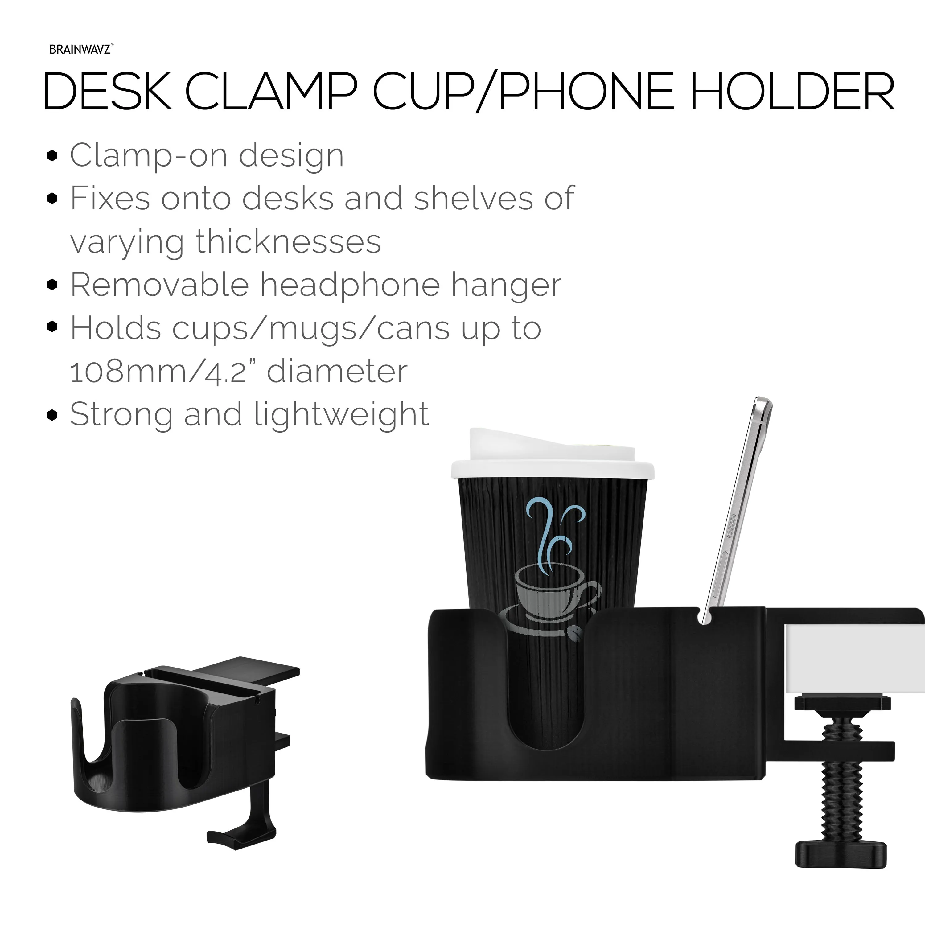 Desk Cup Holder with Headphone Hanger & Phone, Pen & Stationery Holder - Adjustable Clamp, Installs to Desks and Tables, Holds Mugs & Cups up to 10cm in Diameter