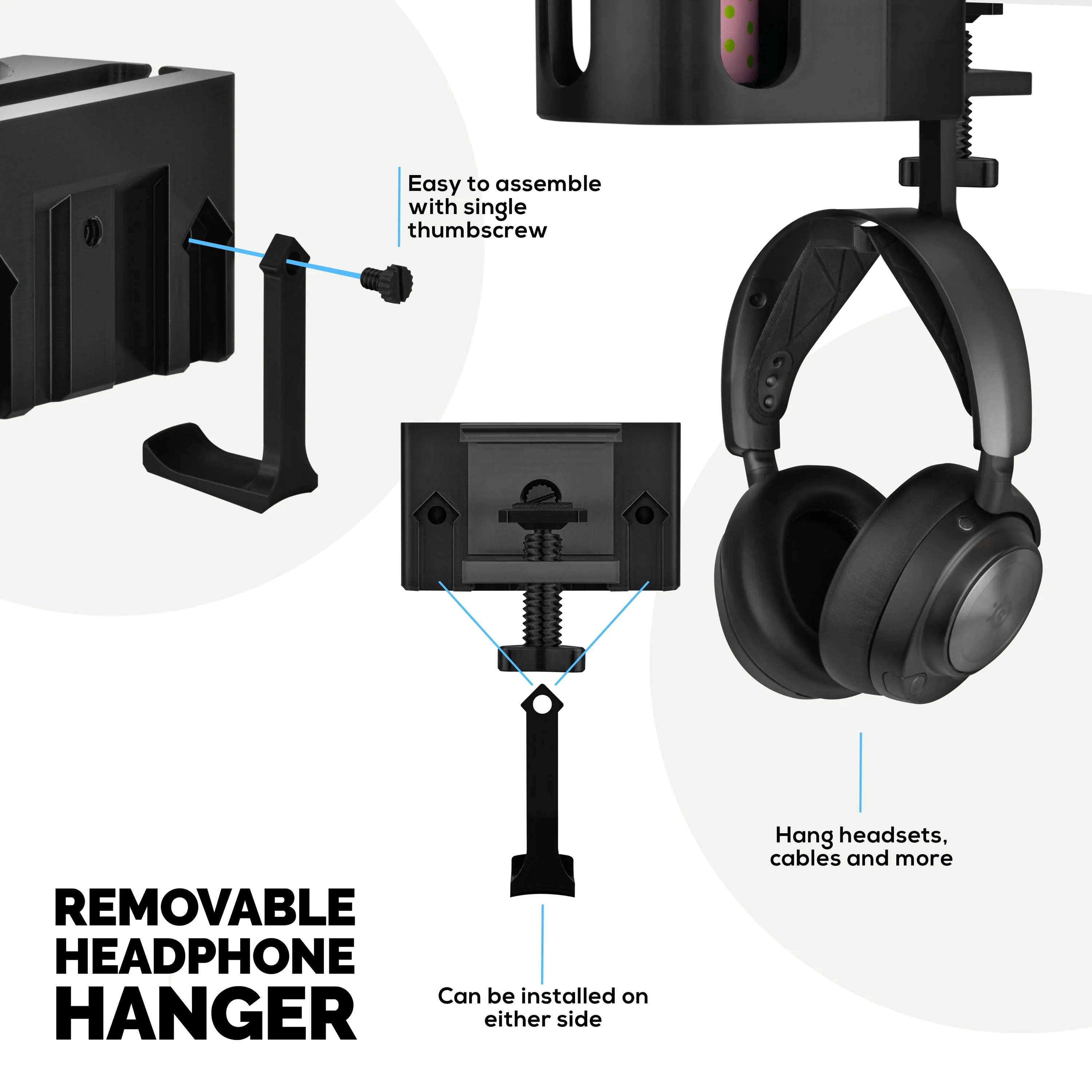 Desk Cup Holder with Headphone Hanger & Phone, Pen & Stationery Holder - Adjustable Clamp, Installs to Desks and Tables, Holds Mugs & Cups up to 10cm in Diameter