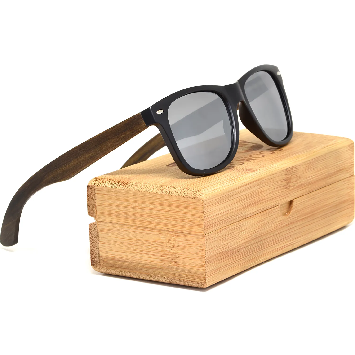 Ebony wood classic style sunglasses with silver mirrored polarized lenses with 100% money back guarantee